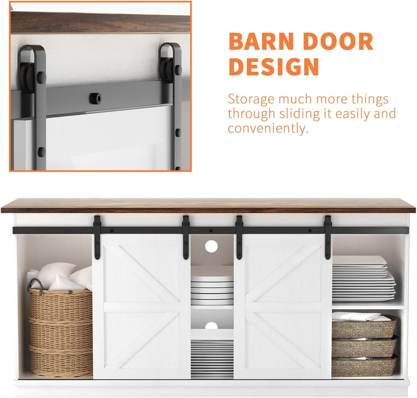 YESHOMY Farmhouse TV Stand for Televisions up to 65 Inches, Sliding Barn Doors and Storage Cabinets, Console Table and Media Furniture for Living Room, 58 Inch, Milk White