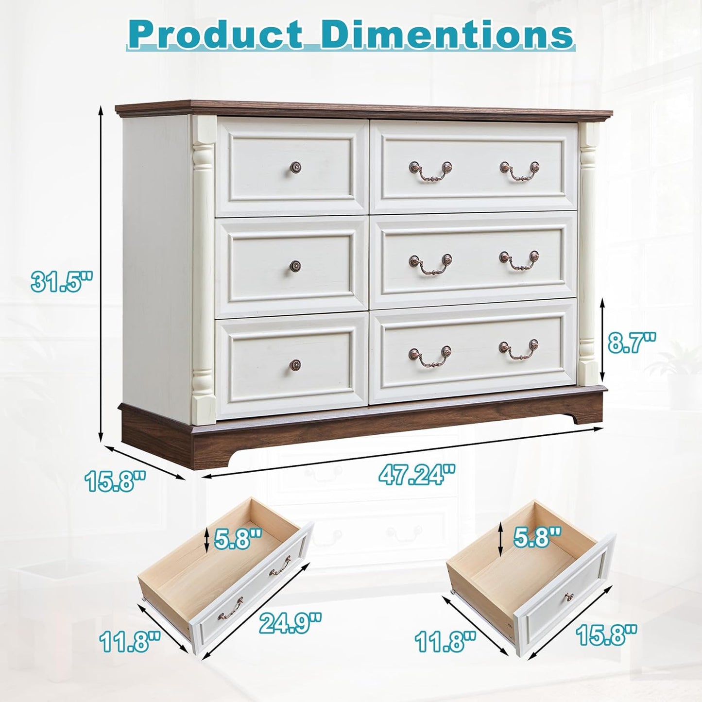 Farmhouse 6 Drawers Dresser for Bedroom, 47.24" Wide Wood Rustic Chest of Drawers with Roman Metal Handle, Tall Storage Dressers Organizer for Bedroom, Living Room, Hallway, Antique White