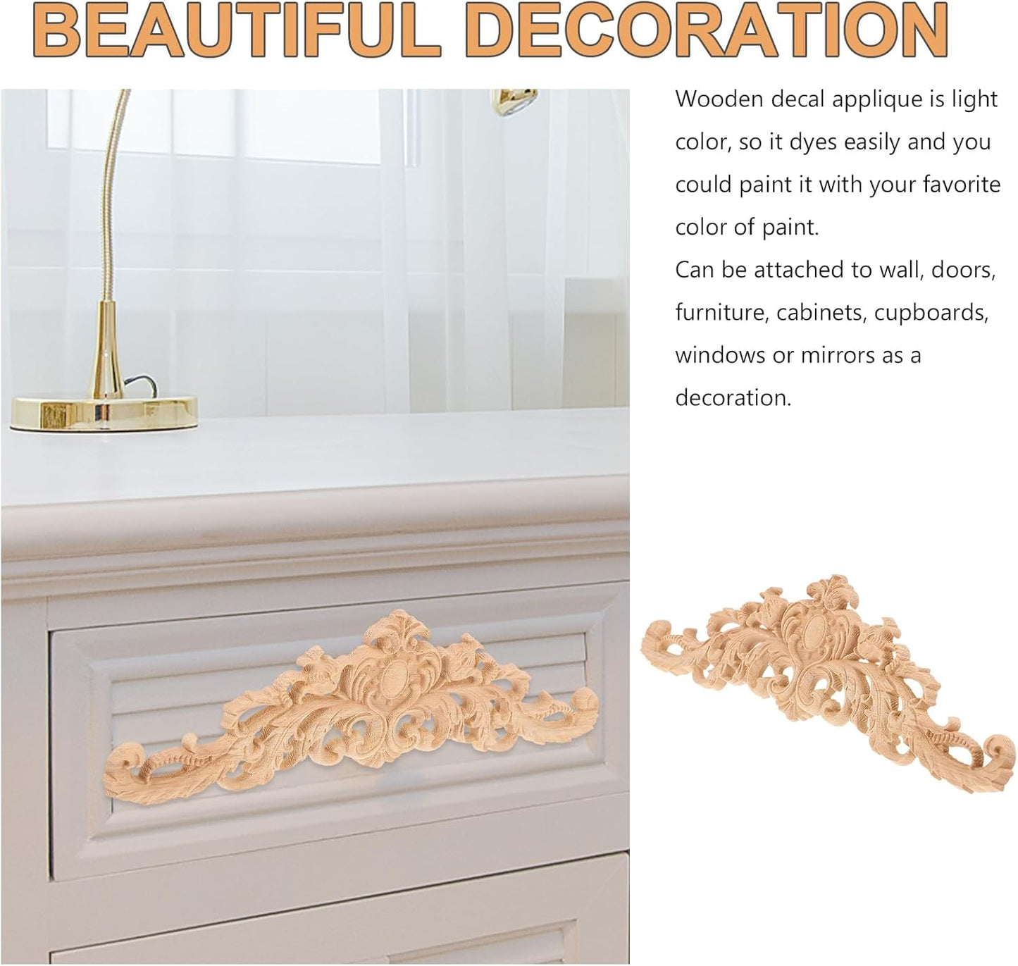 BESPORTBLE Wood Applique Onlay - Long Carvings Overlays Decor, Unpainted Wooden Carved Corner Decals, Retro Carvings Embellishments for Drawers Door Cabinet Mirror Dresser Euro Furniture