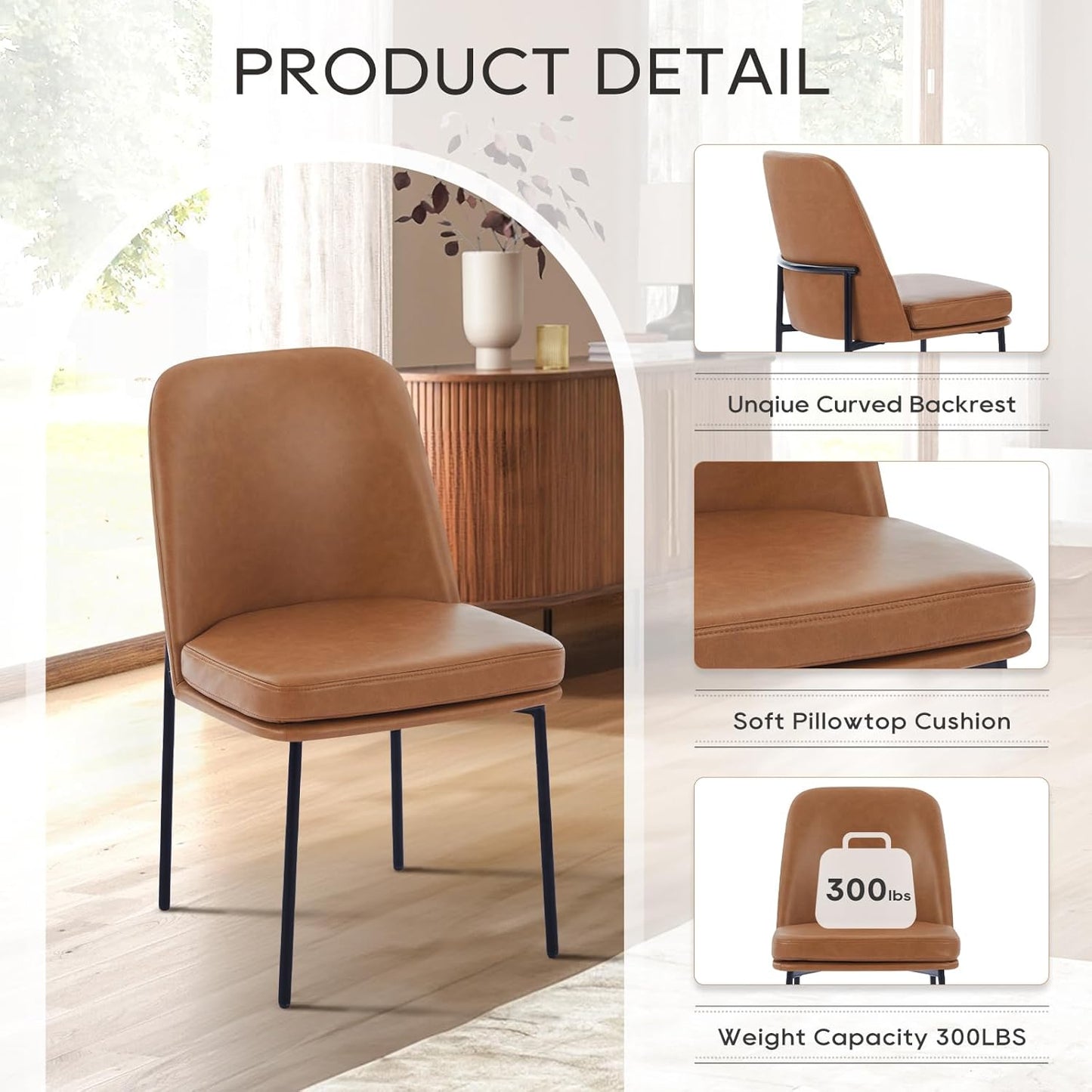 COLAMY Modern Dining Chairs Set of 6, Faux Leather Upholstered Kitchen Chairs with Curved Back & Metal Legs, Mid-Century Dining Room Chair (Brown)