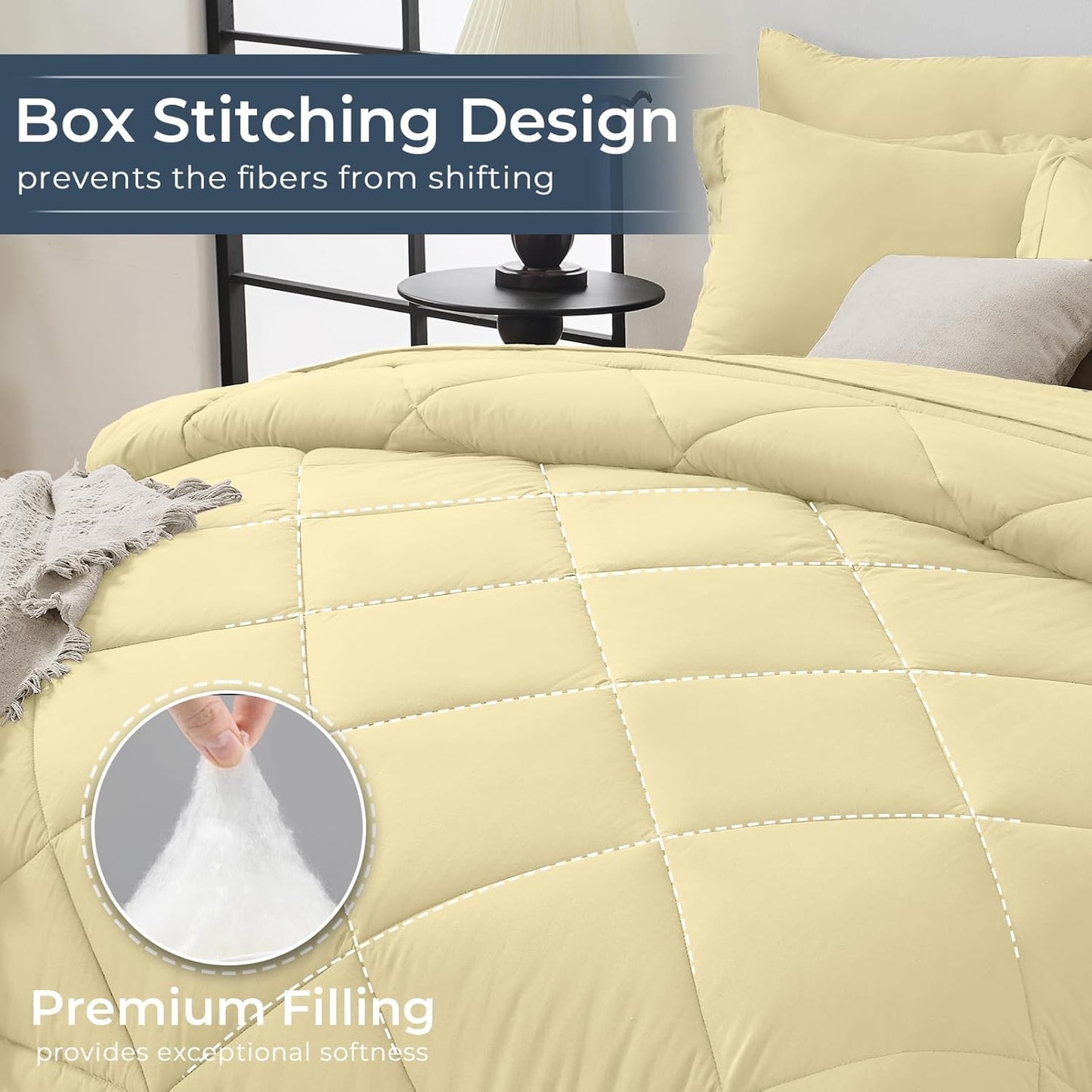 HEVUMYI Cream Yellow Full Comforter Set - 7-Piece All Season Bed in a Bag Full, Ultra Soft Bedding Set with Comforter, Flat Sheet, Fitted Sheet, Pillowcases, Pillow Shams