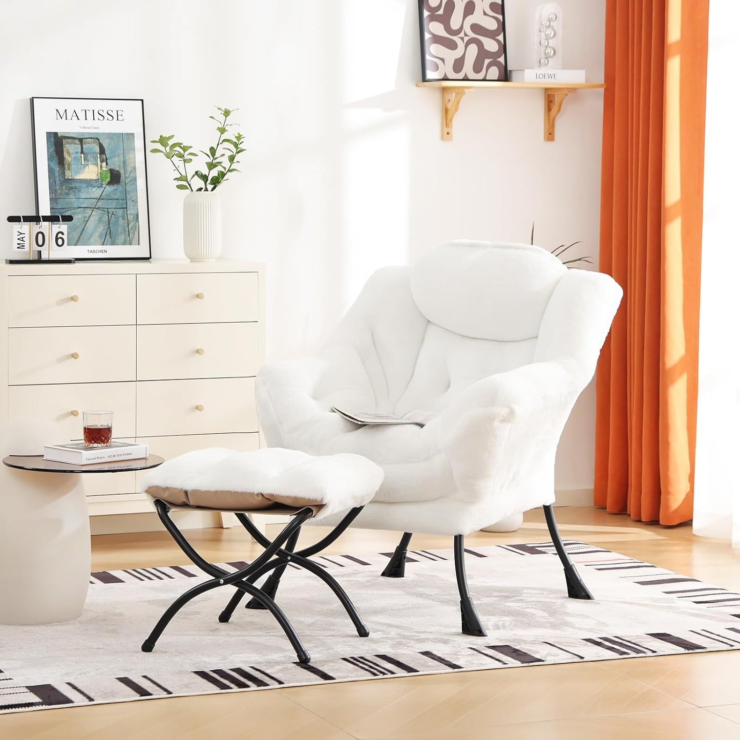 Cozy Lazy Chair and Ottoman, Large Contemporary Accent Lounge Chair Set, Leisure Upholstered Reading Armchair for Bedroom, Living Room, Dorm Rooms, Office