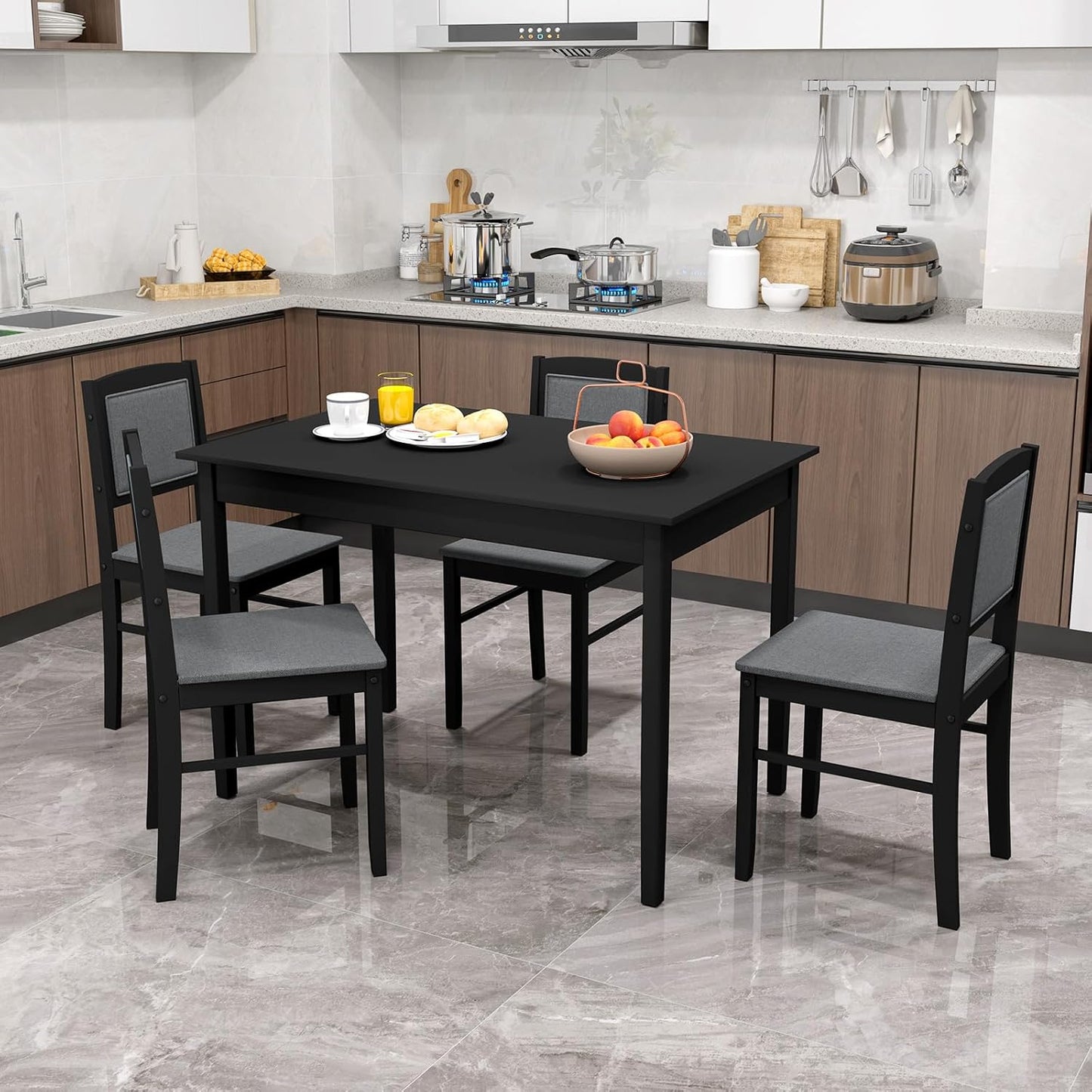 Giantex 5-Piece Dining Table Set for 4 - Breakfast Nook Table Set with Kitchen Table, 4 Upholstered Chairs, Wood Legs, Space-Saving Dinette Set, Kitchen Table Chairs Set of 4 (Black+Grey)