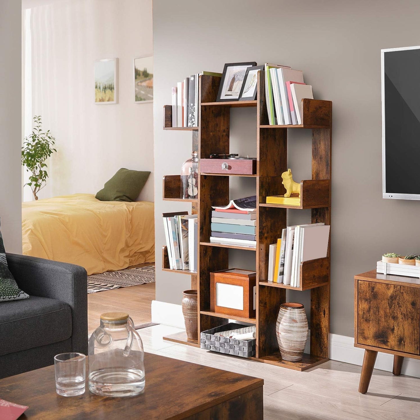 VASAGLE Bookshelf, Tree-Shaped Bookcase with 13 Storage Shelves, Rounded Corners & 9-Tier Floor Standing Tree Bookshelf, with Shelves for Living Room, Home Office, Rustic Brown ULBC11BX