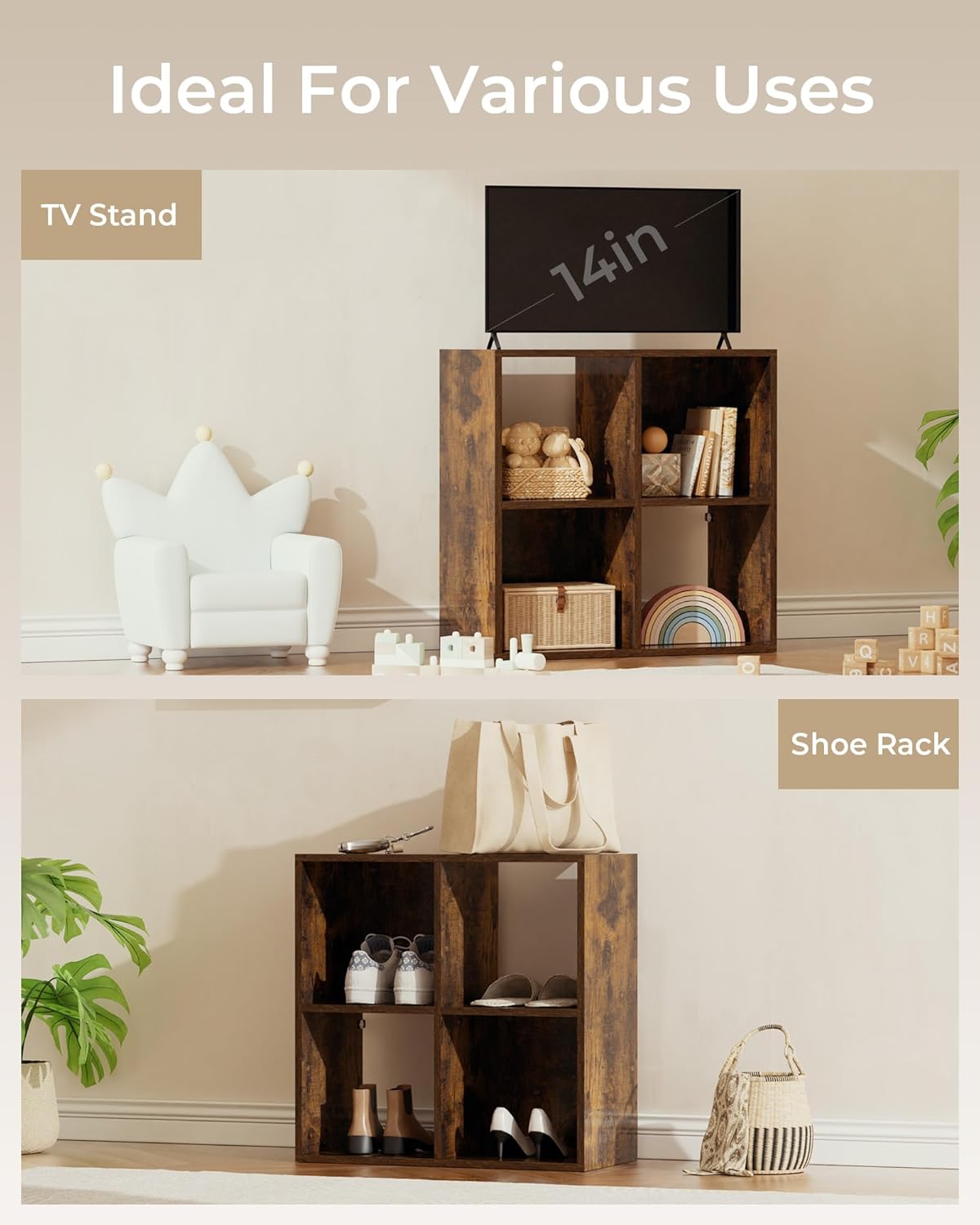 GTPLAYER 4-Cube Storage Organizer, Fits 11" Bins, Vertical or Horizontal Use, Opening Bookshelf, Partial Back Panels, Stackable Design Bookcase, for Desk, Vanity, Entryway, Rustic Brown