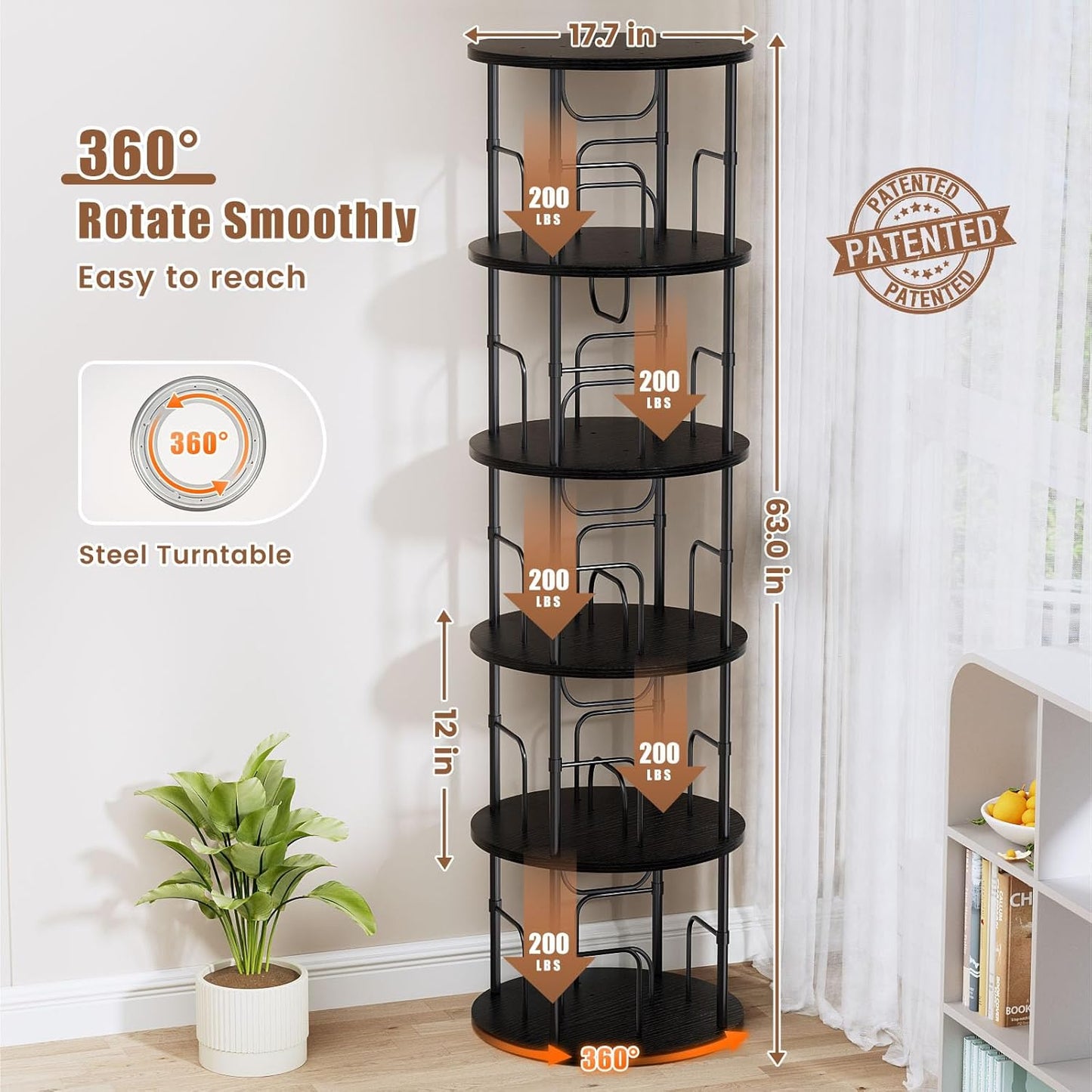 5 Tier Rotating Bookshelf, 360 ° Display Stackable Spinning Bookshelf Tower, Corner Bookshelf Tall Floor Standing Swivel Bookcase Narrow Storage Organizer for Bedroom, Living Room, Black