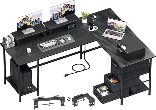 66" L Shaped Computer Desk, 94.4'' Home Office Desk with Power Outlets, 4 Adjustable Storage Drawers & 2 Monitor Stands, Large Two Person Gaming Table for Writing Study, Black