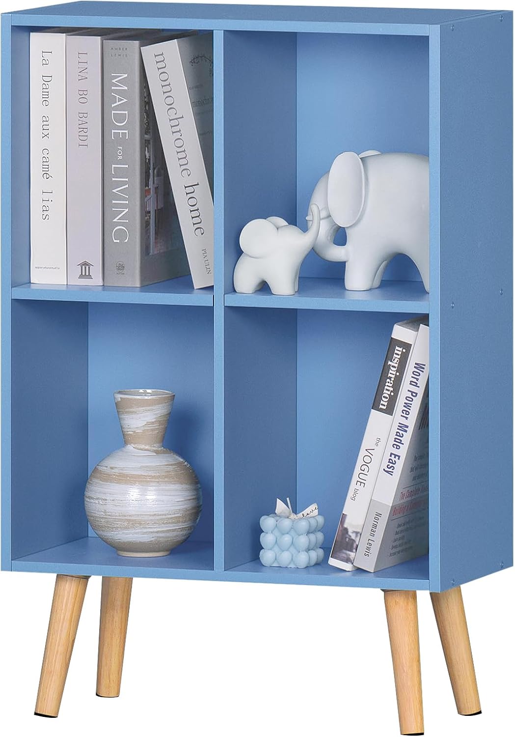YAHARBO 4 Cube Bookshelf, Blue Small Kids Book Shelf with Cubby Storage,Wooden Modern Bookcase with Legs,2 Tier Freestanding Display Book Case Organizer,Bookshelves for Office,Nursery,Playroom
