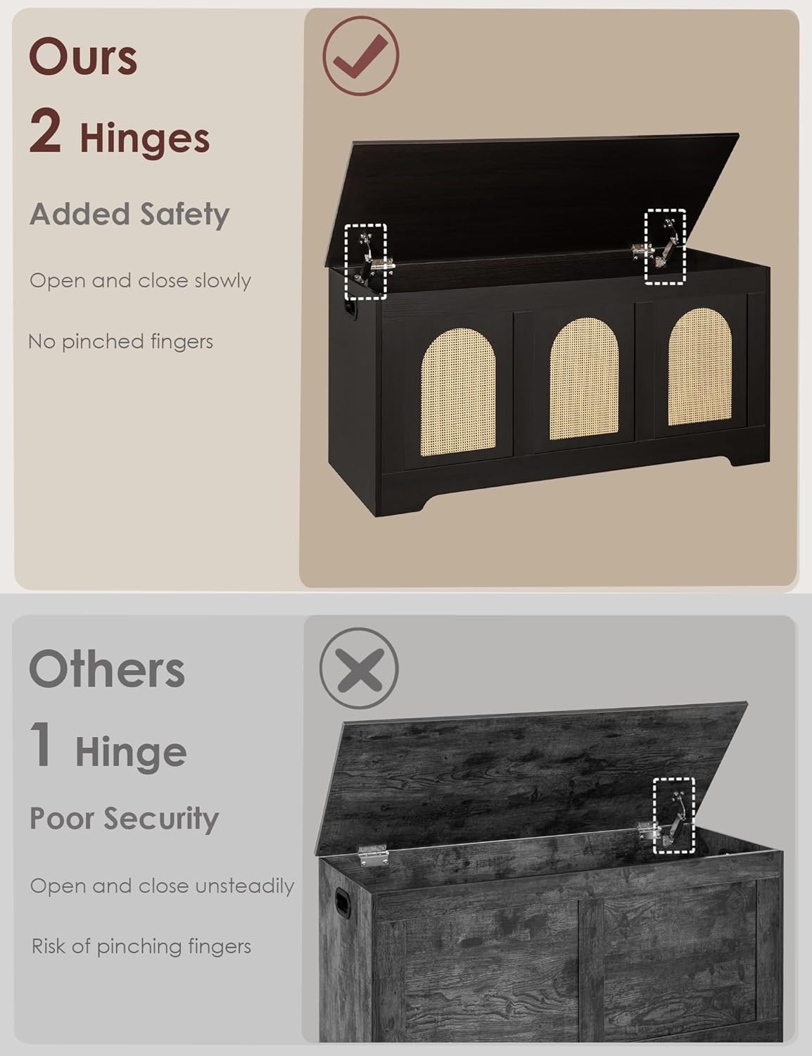 DINZI LVJ Storage Chest, 39.4" Rattan-Like Storage Box with 2 Safety Hinges, Wooden Entryway Shoe Bench with Flip-Top, Bedroom, Easy Assembly, Espresso and Natural