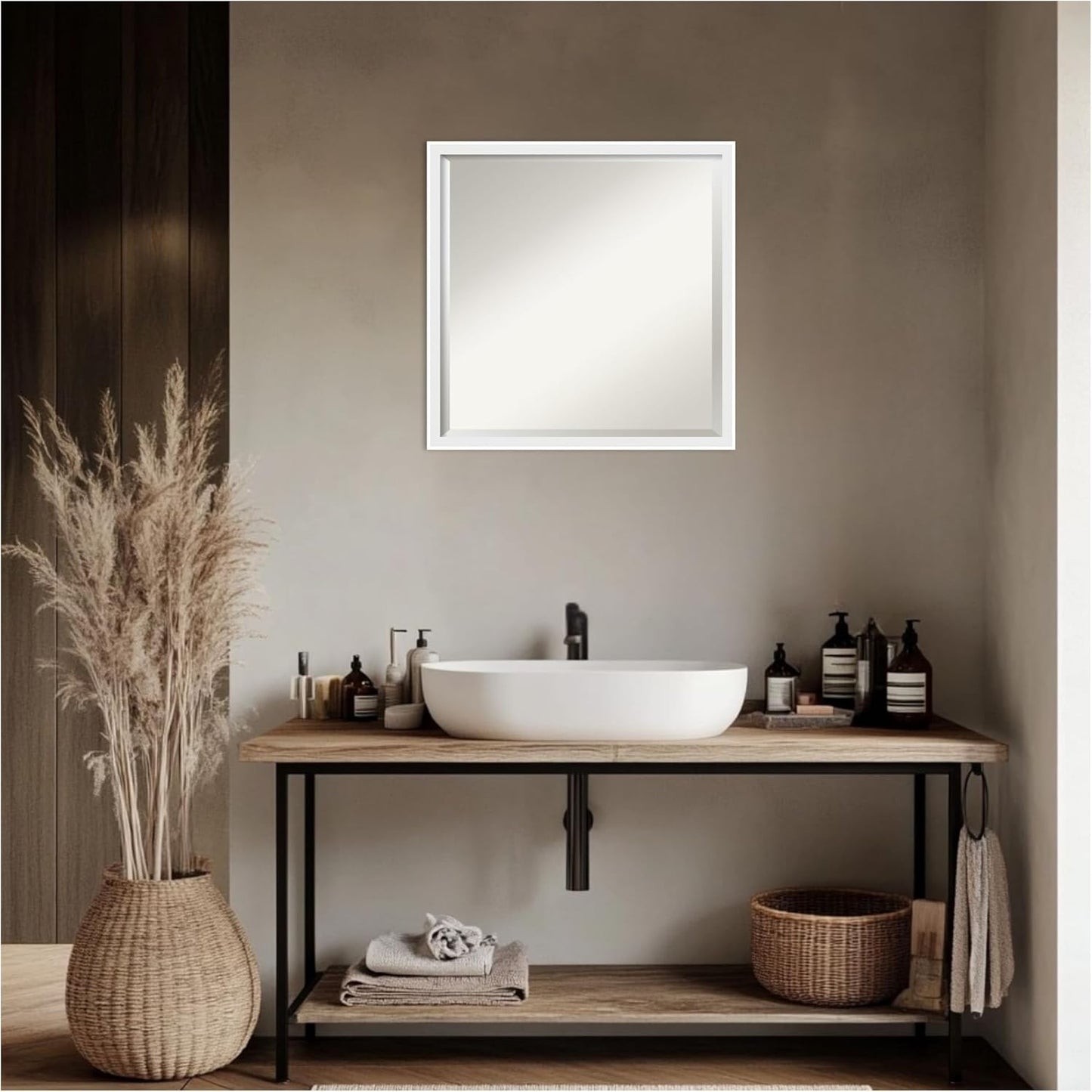 Amanti Art White Bathroom Mirror for Over Sink, 22x22 Incline White Square Vanity Mirror, Medium Modern Contemporary Wood Frame, Hangs Horizonally and Vertically, Bathroom Wall Decor, Beveled Edge
