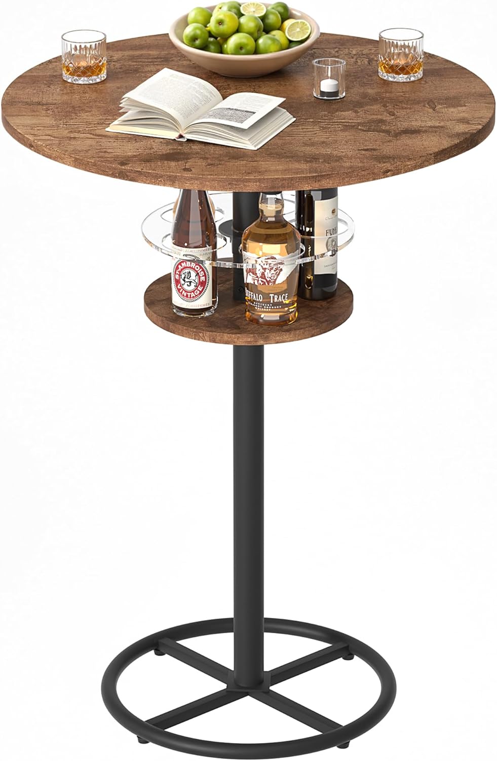 VECELO 36” High Top Bar Table, Sturdy Frame with Metal Base for Cocktail, Pub, Easy Assembly, Brown