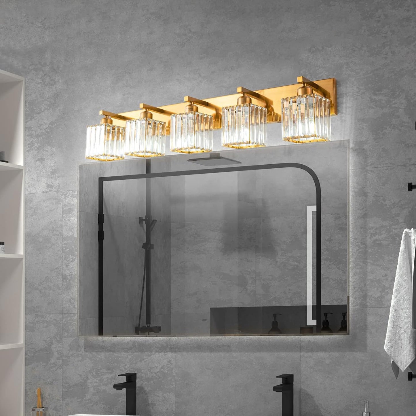 Modern 5-Light Gold Brushed Brass Finish Crystal Wall Light for Bathroom Vanity