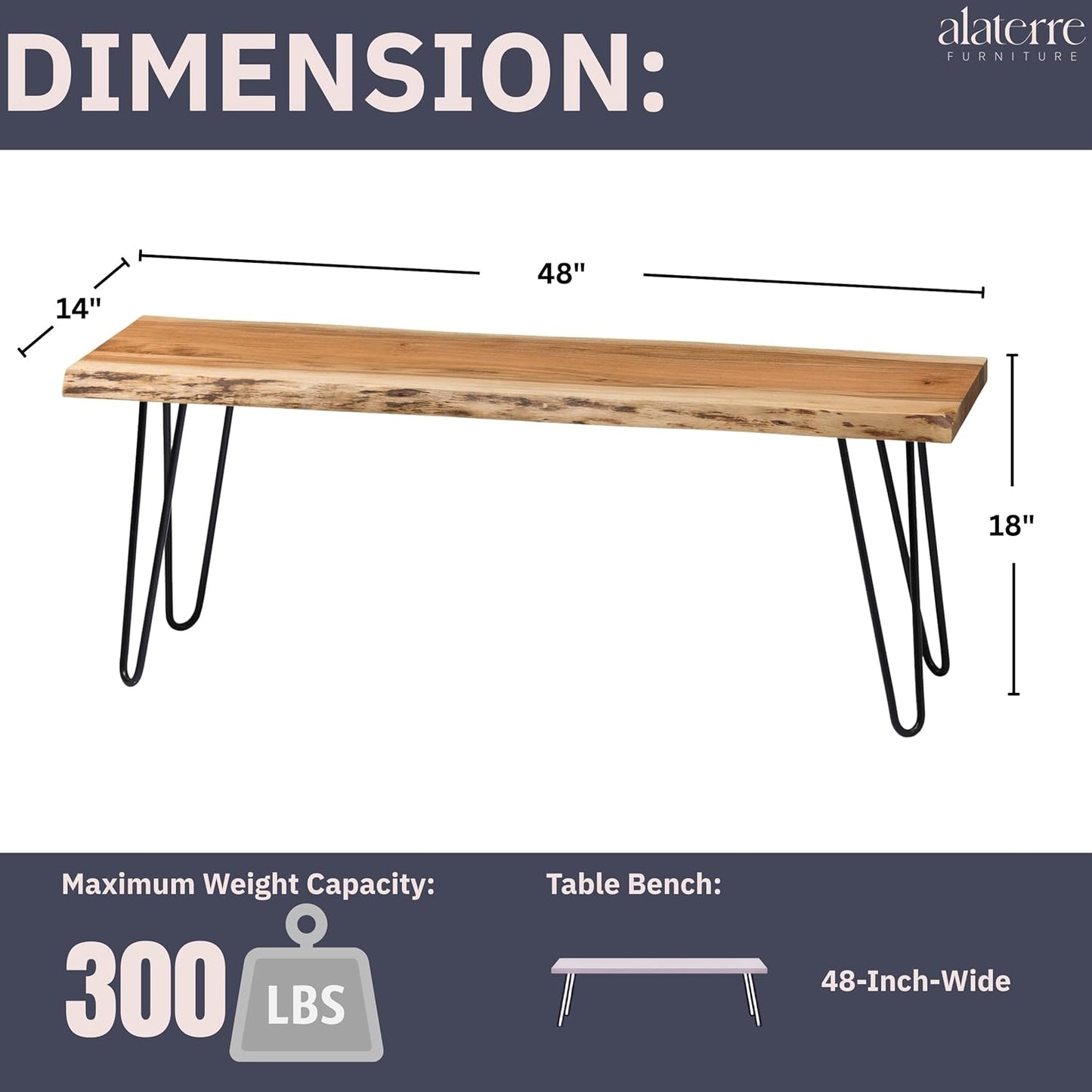 Alaterre Furniture 48” Live Edge Dining Bench – Rustic Industrial Farmhouse Solid Acacia Wood with Metal Hairpin Legs – Ideal for Dining Room, Kitchen, or Entryway