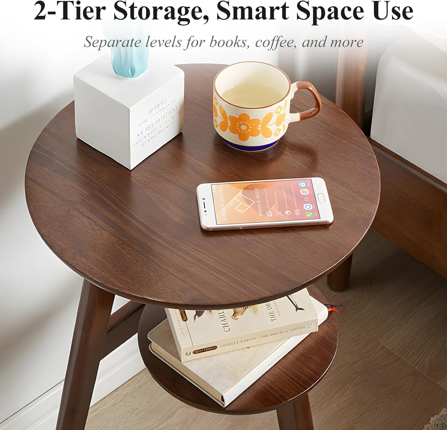 Side Table, 2-Tier Round End Tables Living Room, Mid Century Modern Side Table, Round Nightstand, Oak Accent Table, Small Round Coffee Table, 16.54" Dia.x 23.62" H(Walnut)