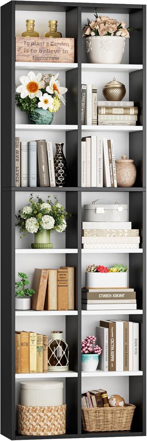 FOTOSOK 71'' Tall Bookshelf, Double Wide Media Tower Rack CD DVD Rack Display Cabinet with Adjustable Shelves, Tall Narrow Bookcase Bookshelf for Home Office, White/Black