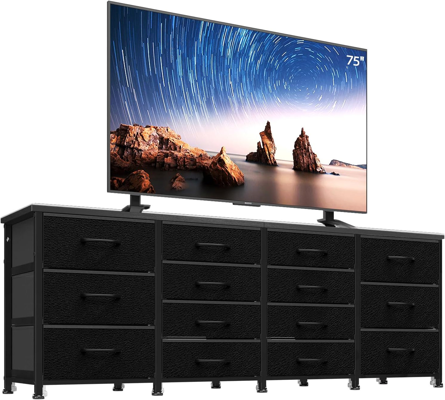 63 Inch TV Stand Dresser for Bedroom, Long Black Dresser with 14 Fabric Drawers for 65 70 75 Inch TV, Entertainment Center with Storage Media TV Console Table