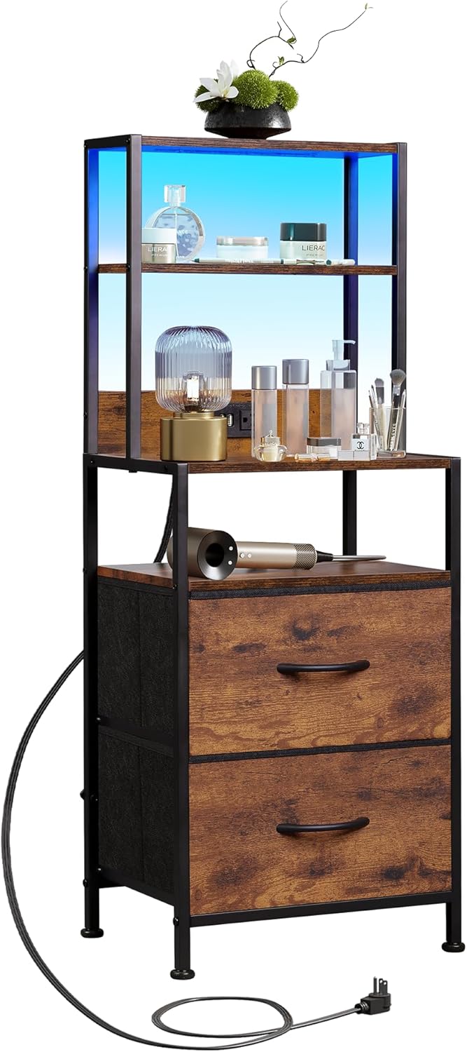 WLIVE Nightstand with Charging Station, LED Night Stand with 2 Drawers and 4 Storage Open Shelves, Fabric Dresser for Bedroom, Rustic Brown