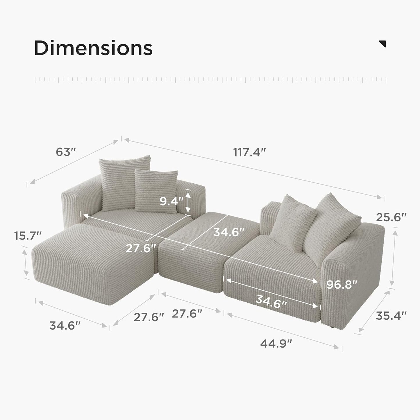 Acanva Corduroy Convertible Modular L Shaped Sectional Sofa, 4 Seater Free Combination Corner Couch, Convertible to DayBed, Wide Loveseat with Moveable Ottomans for Small Spaces, Sleeper Bed, White