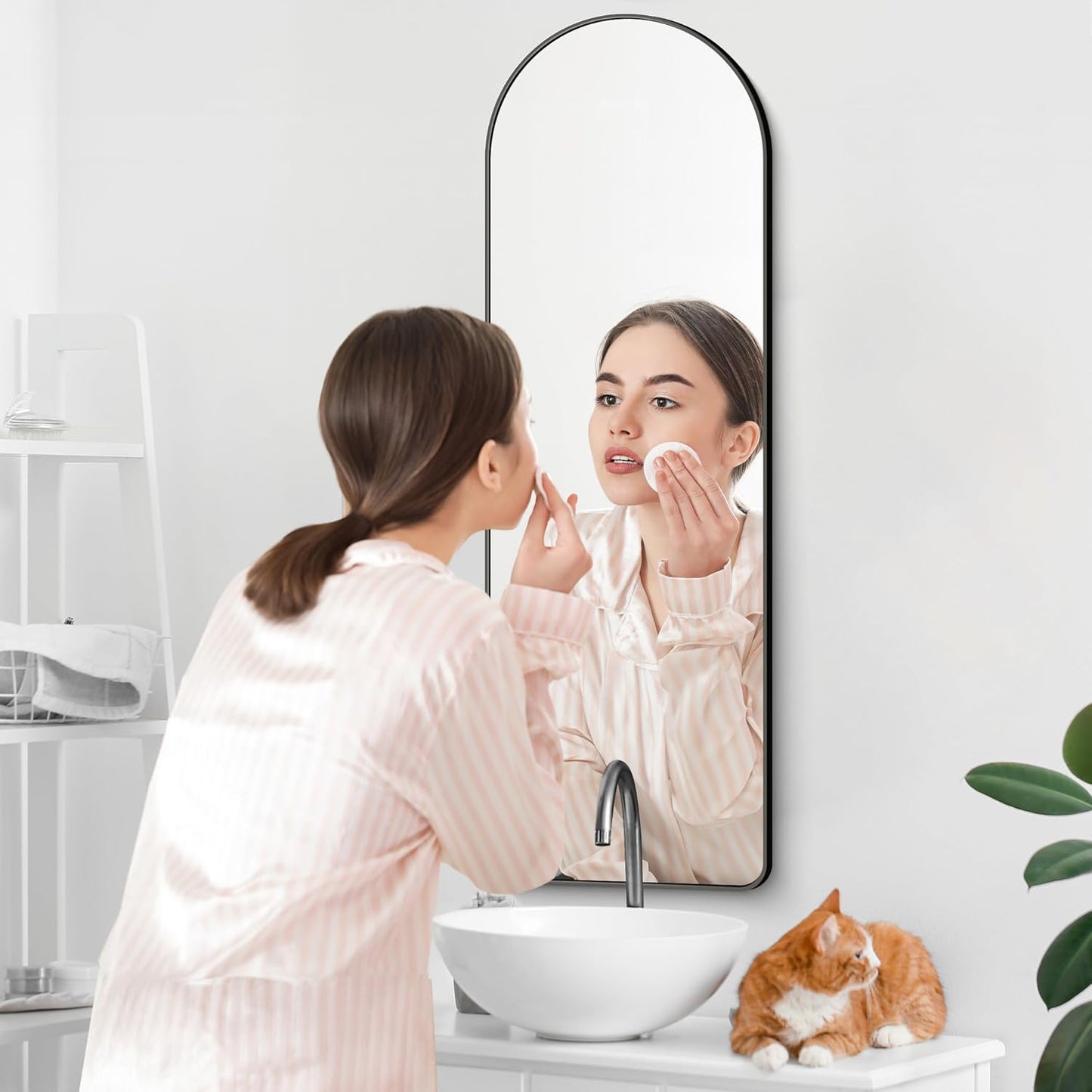 Arched Bathroom Mirror, 16"x48" Black Arched Mirror for Bathroom, Wall Mounted Mirror, Gold Vanity Wall Mirror w/Metal Frame for Bedroom, Entryway, Living Room, Vertically Hanging