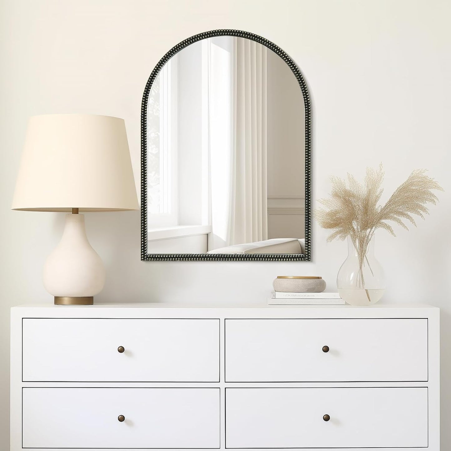 WallBeyond Black Vintage Mirror for Vanity 22x30 Inch, Gold Antique Mirror with Ornate Beaded Frame for Bathroom, Living Room, Fireplace, Entryway