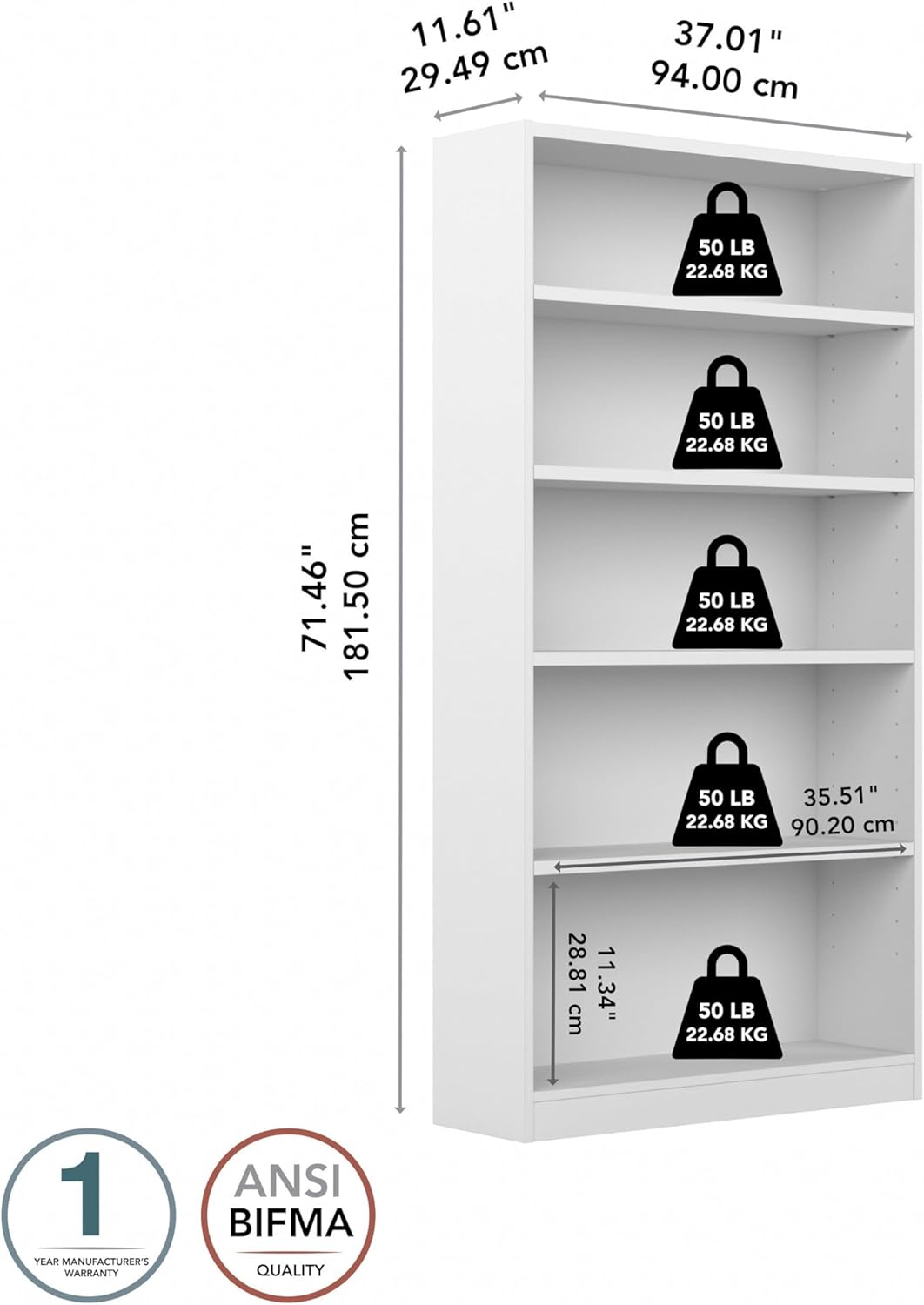 Bush Furniture Universal Tall 5 Shelf Bookcase in White, Vertical Storage and Display Bookshelf for Home Office or Living Room Organization