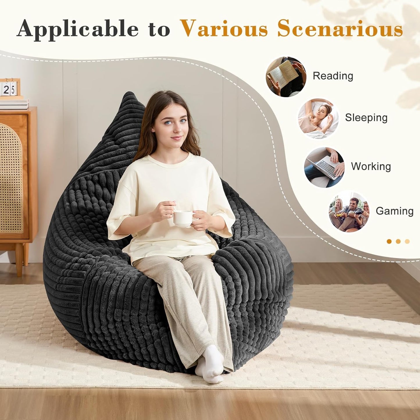 3-in-1 Giant Bean Bag Chair for Adults & Kid, Convertible Floor Sofa to Mattress, High-Density Foam Chair Bed with Washable Cover, Multi Functional Lounge Couch for Bedroom, Living Room (Black)
