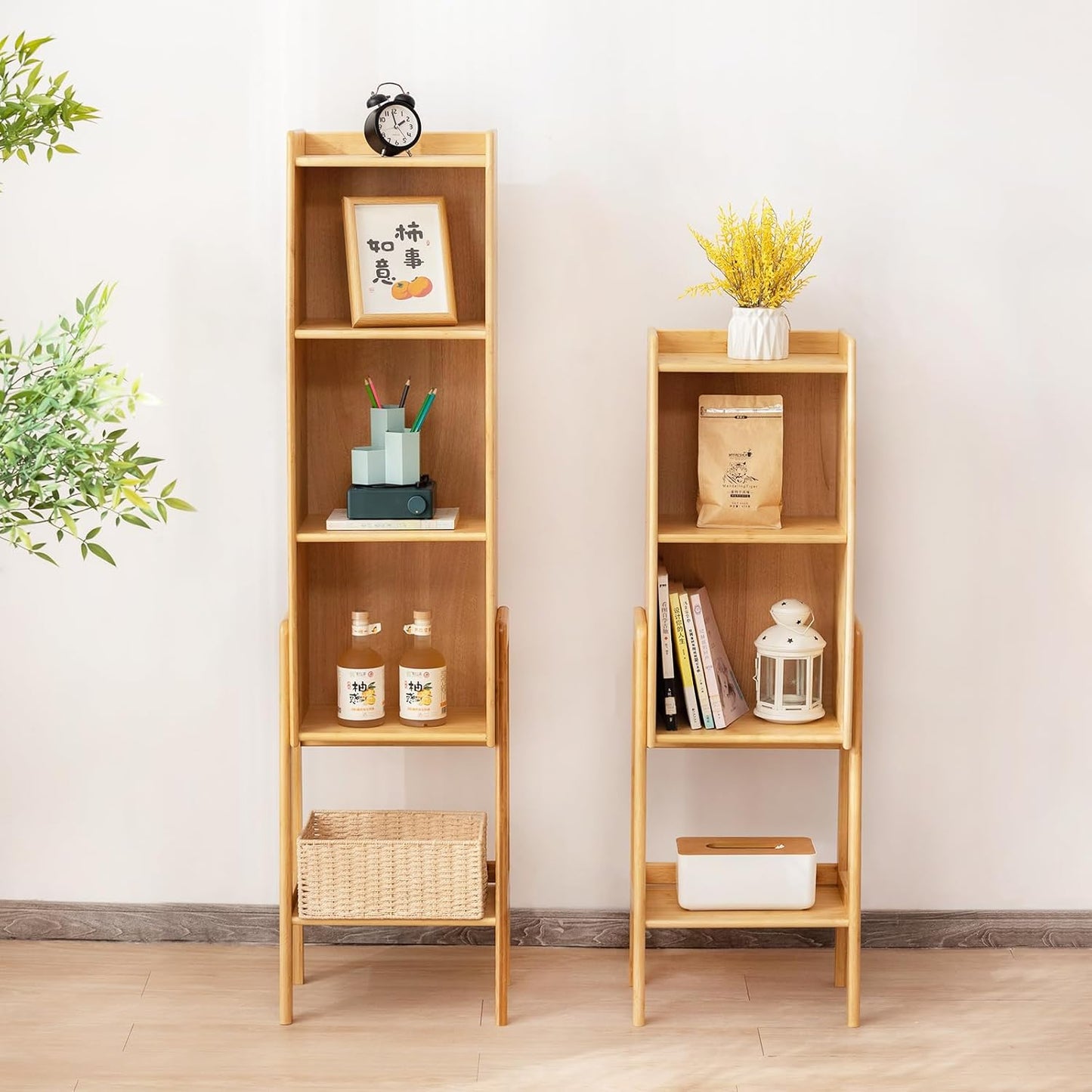 Welnow Bamboo Bookcase with Cabinet, Natural End Table with 3-Tier Storage Shelf, Modern Bedside Organizer Side Table for Bedroom or Living Room, Wood Bookshelf with Open Space