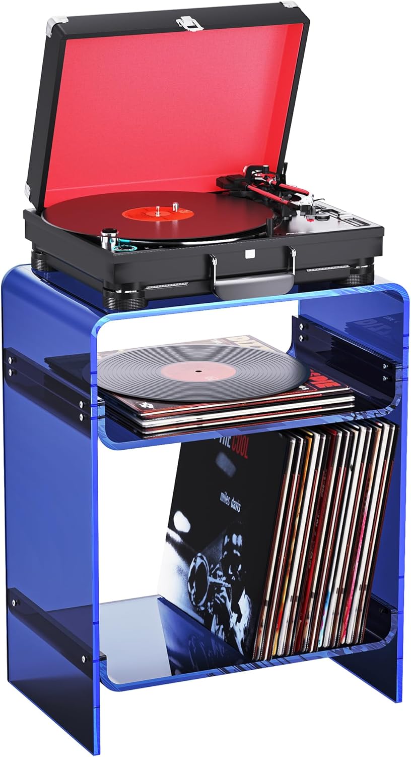 Acrylic Record Player Table with Storage Shelf, Clear Side Table Nightstand (Dark Blue)