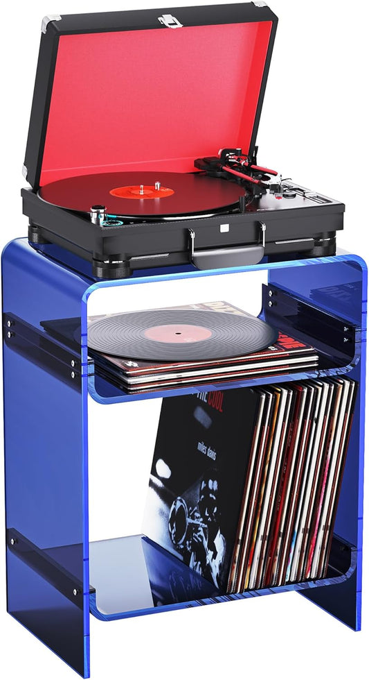 Acrylic Record Player Table with Storage Shelf, Clear Side Table Nightstand (Dark Blue)