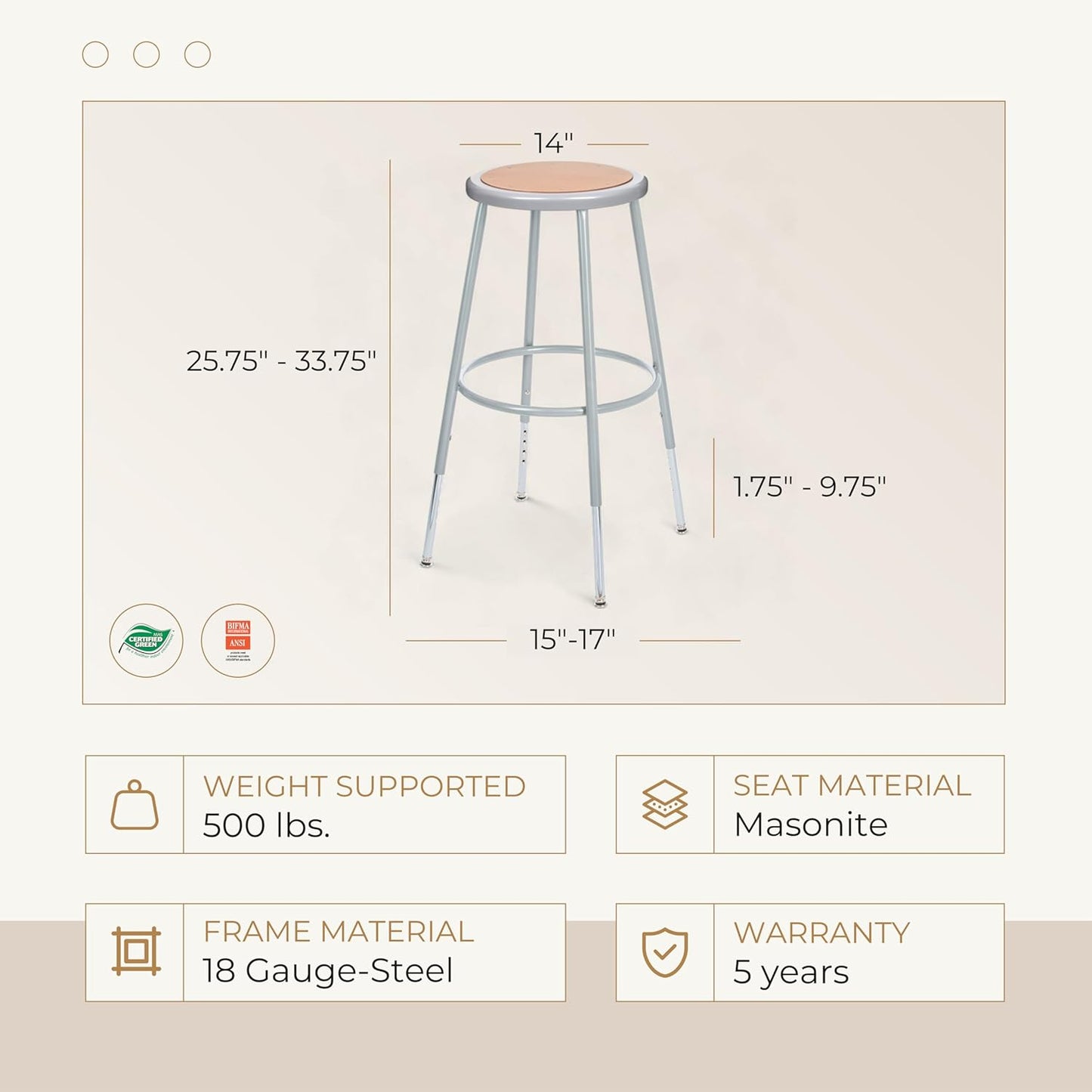 OEF Furnishings (2 Pack Height Adjustable Steel Stools, Grey, 25-33"