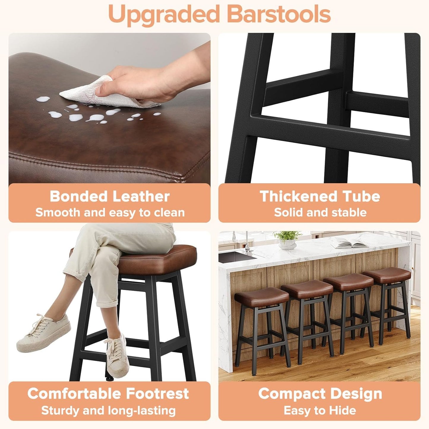 29 Inches Bar Stools Set of 2, Bar Height Barstools for Home Counter, Blackless Barstool with Bonded Leather Saddle Seats & Heavy Duty Metal Legs, Easy Assembly, Brown/Black