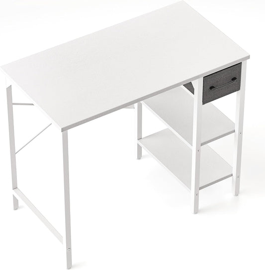 CubiCubi Computer Desk, 35 Inch Small Home Office Workstation with Drawer Storage Shelves for Small Space, Writing Study Desk, Warm White