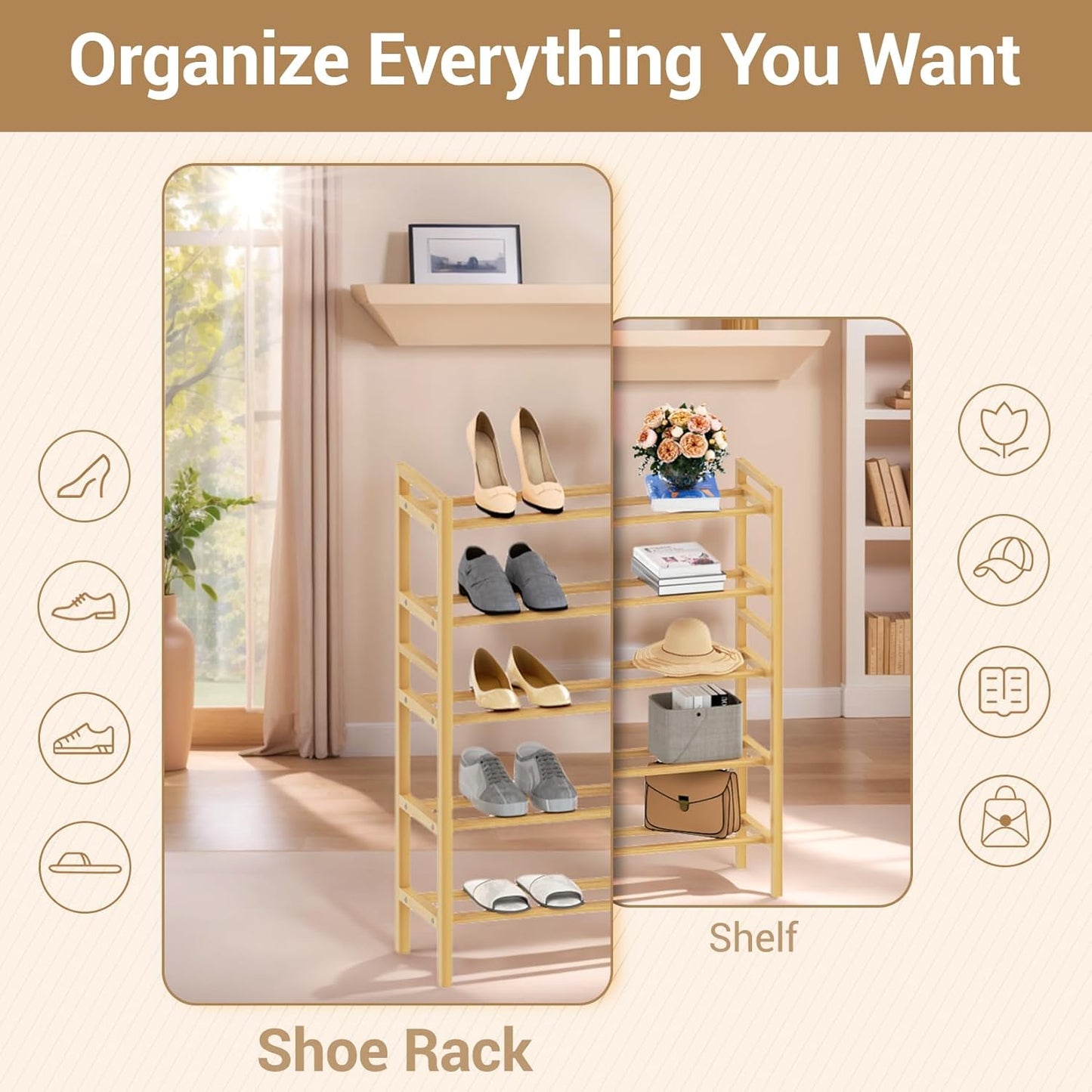 Haddockway Bamboo Shoe Rack for Closet, Free Standing Shoe Organizer with Smooth Round Rods & Convenient Handles, Stackable Shoe Storage Shelf for Entryway, Hallway(Natural, 5-Tier(Small))