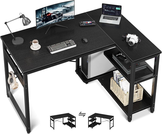 Casaottima L Shaped Computer Desk, 40 Inch Small Corner Desk with Storage Shelves & PC Stand, Reversible Gaming Desk for Bedroom, Modern Writing Study Table for Home Office, Black