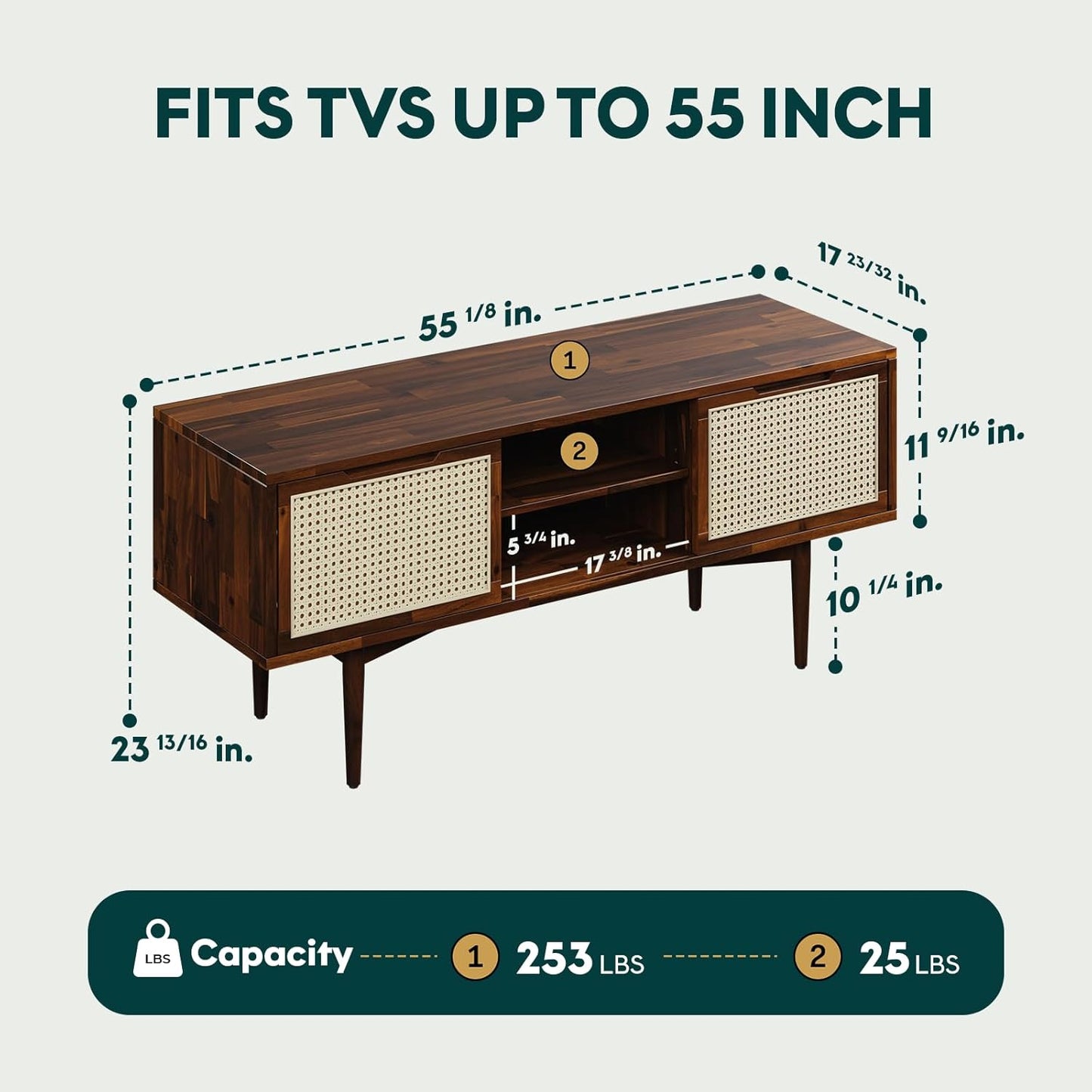 Bme Oliver TV Stand for TVs up to 55", Mid-Century Solid Wood TV Console with Natural Rattan Door, Media TV Console, Entertainment Center with Storage, Fluted Media Cabinet for Living Room, Walnut