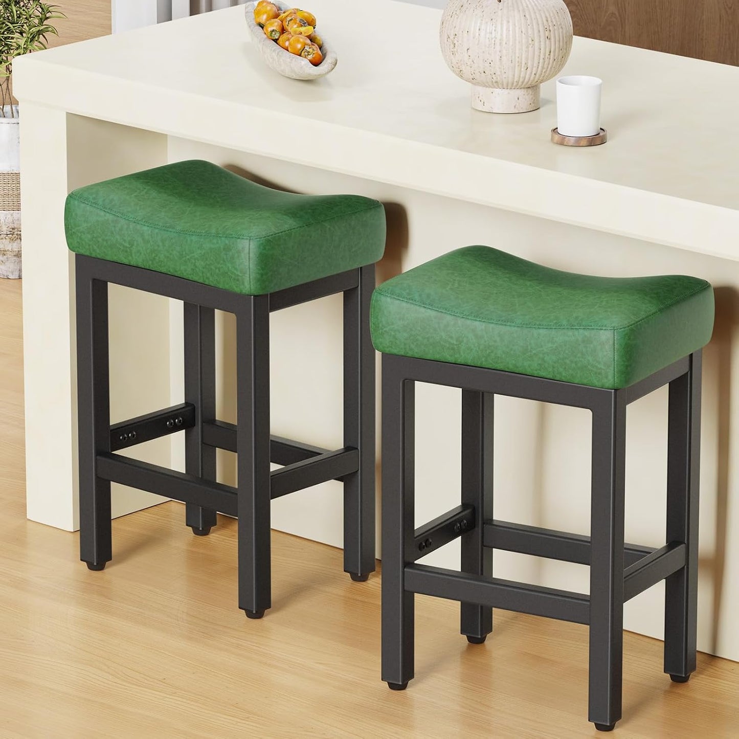Counter Height Bar Stools Set of 2, 24 Inch Barstools for Kitchen Island Counter, Faux Leather Kitchen Stools with Thick Saddle Seats & Heavy Duty Metal Base, Easy Assembly, Forest Green