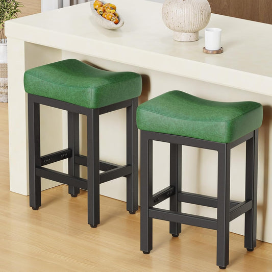 Counter Height Bar Stools Set of 2, 24 Inch Barstools for Kitchen Island Counter, Faux Leather Kitchen Stools with Thick Saddle Seats & Heavy Duty Metal Base, Easy Assembly, Forest Green