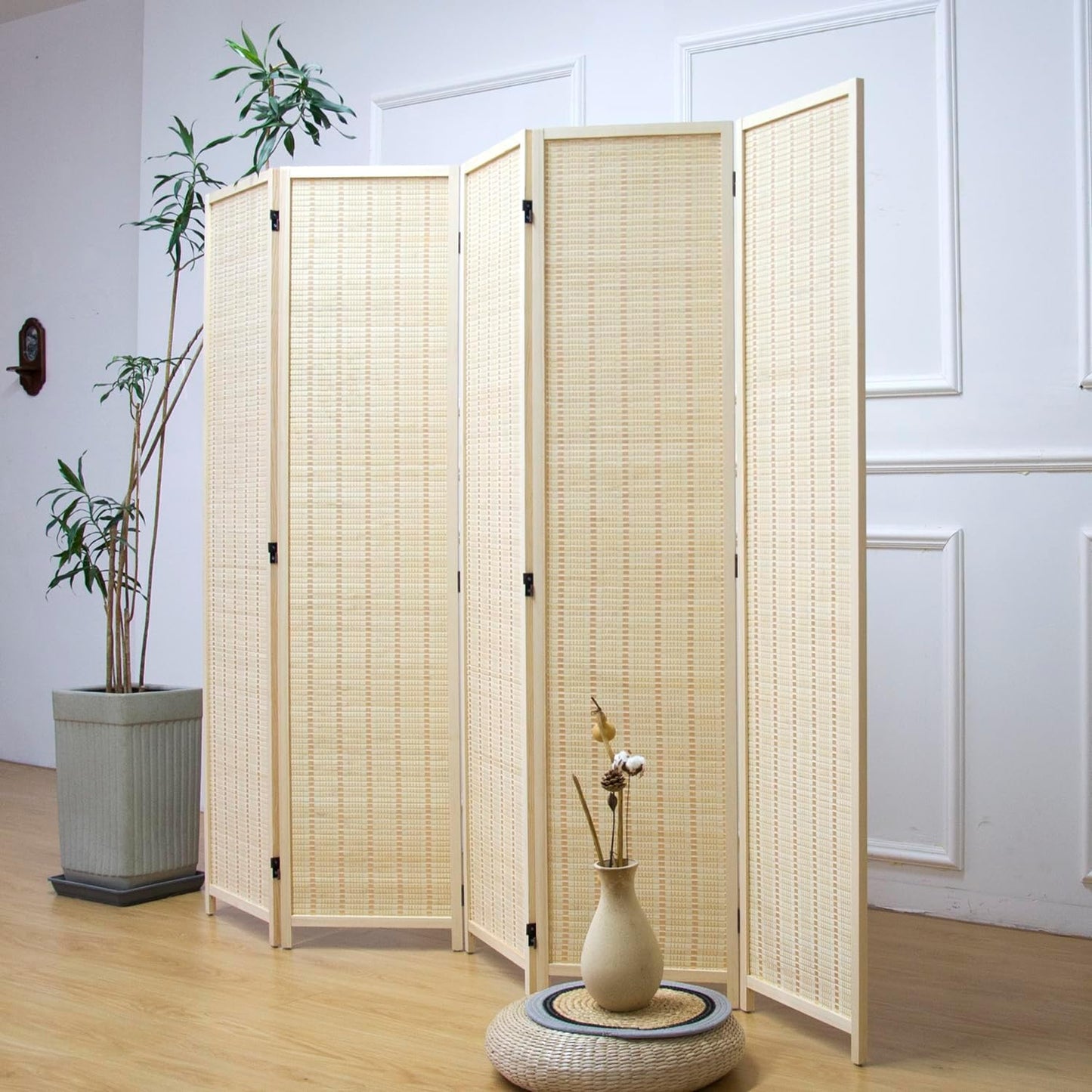 5 Panel Room Divider and Folding Panel Screen,Bamboo Panel Divider Screen for Room Separation,Beige,67" H x 76.75" W