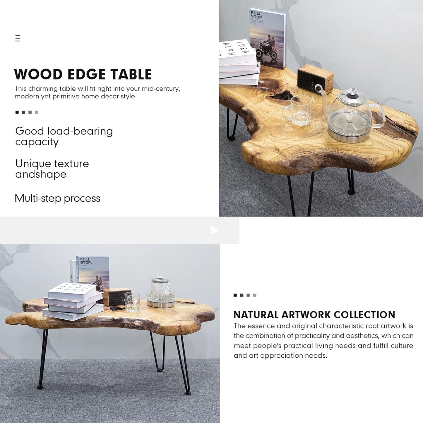 Natural Wood Edge Contemporary Coffee Cocktail Table, Live Edge Coffee Table,Living Room Coffee Table with Clear Lacquer Finish and Metal Hairpin Legs,Unique Desktop