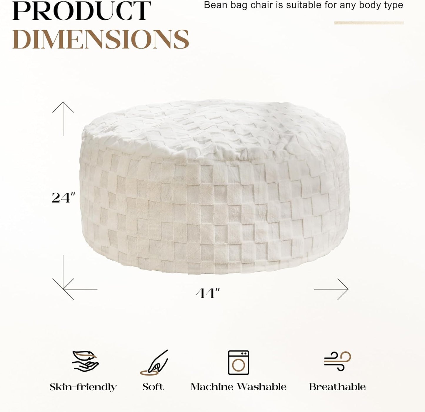 Hobestluk Bean Bag Chairs Beanbag Chair with Filler Adult Bean Bags with Fluffy Cover, Giant Bean Bag Chairs for Adults for Living Room, Bedroom (White, 4FT - 44” x 44” x 24”)