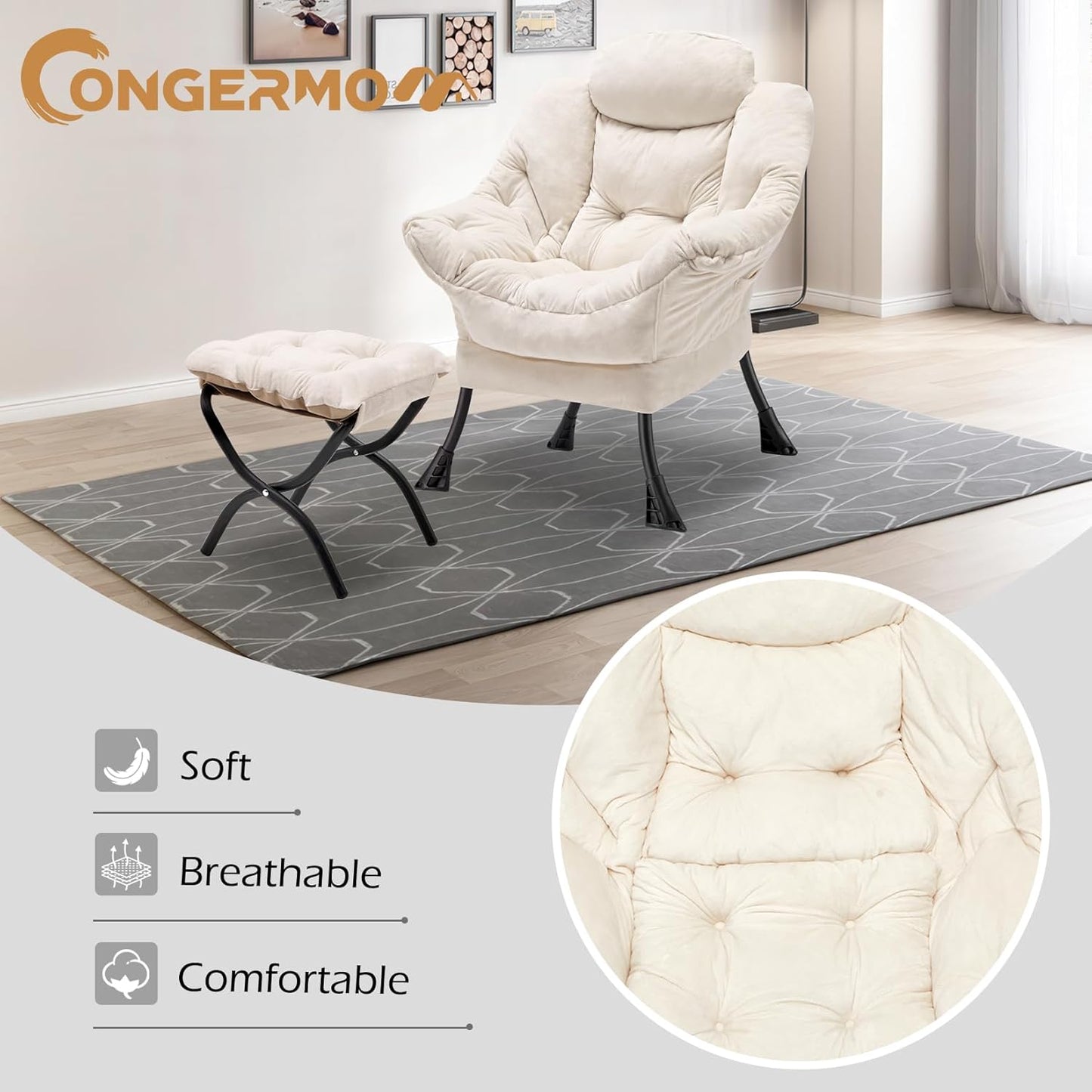 Lazy Chair with Folding Ottoman,Leisure Sofa Chair,Soft Fabric Armchair with Armrests and Side Pockets, Reading Chair with Footrest for Living Room, Bedroom, Office (Plush Beige)