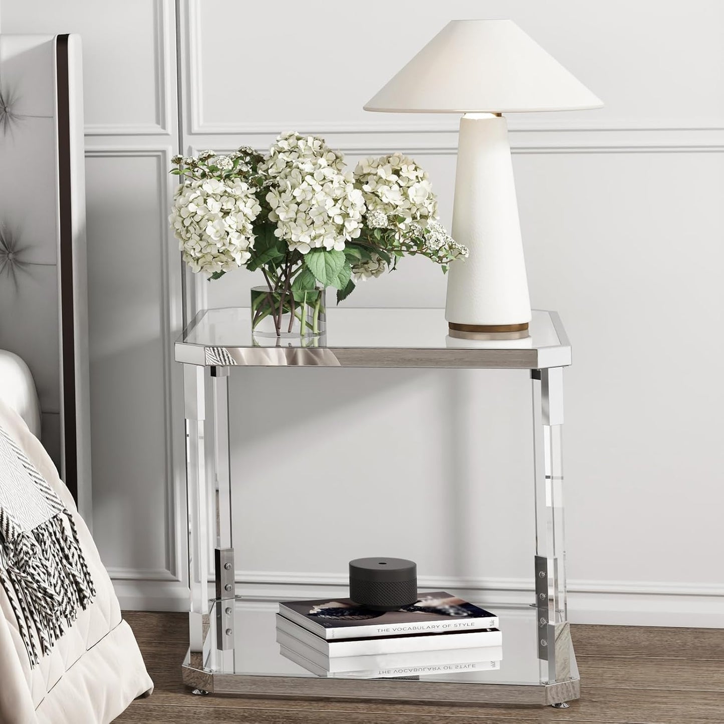 Glass Top Side Table - Silver Square Glass Top End Table Clear Acrylic Nightstand for Living Room Bedside Bedroom
