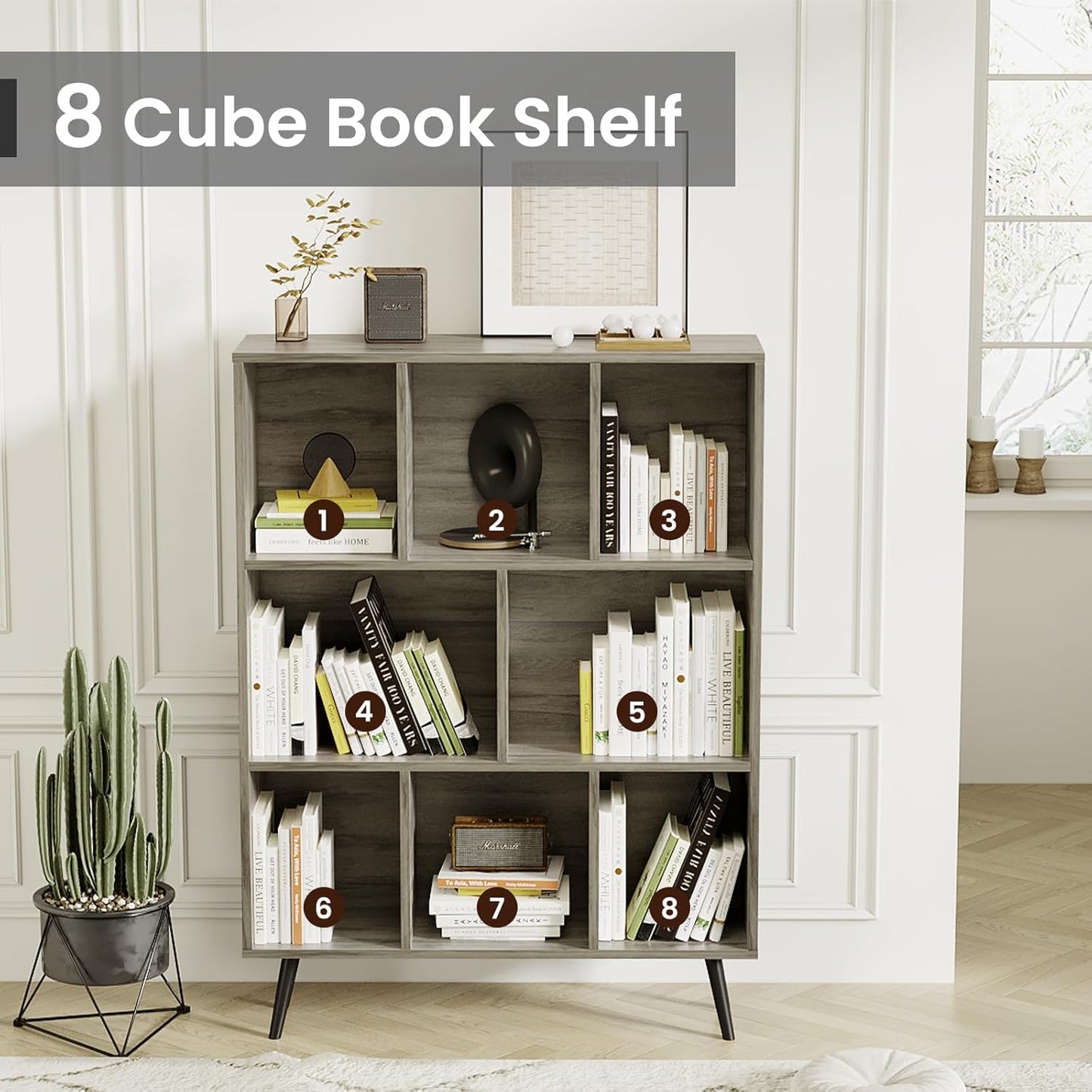 Bookshelf, 3-Tier 8 Cube Open Wooden Book Shelf with Legs, Floor Standing Office Bookcase, Wooden Bookcase for Office Furniture, Cubby Storage Organizer for Living Room/Bedroom