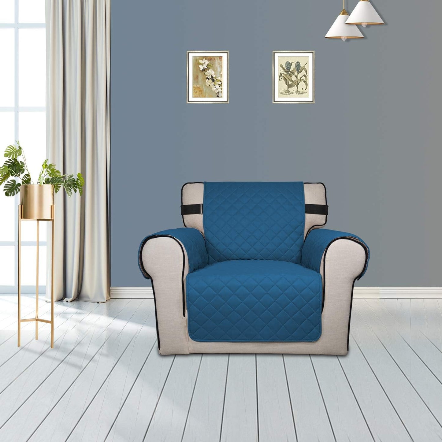 PureFit Reversible Sofa Cover Water Resistant Chair Couch Cover, Machine Washable Furniture Cover with Non-Slip Foam and Adjustable Strap for Dogs, Pets (Chair, Peacock Blue/Ivory)