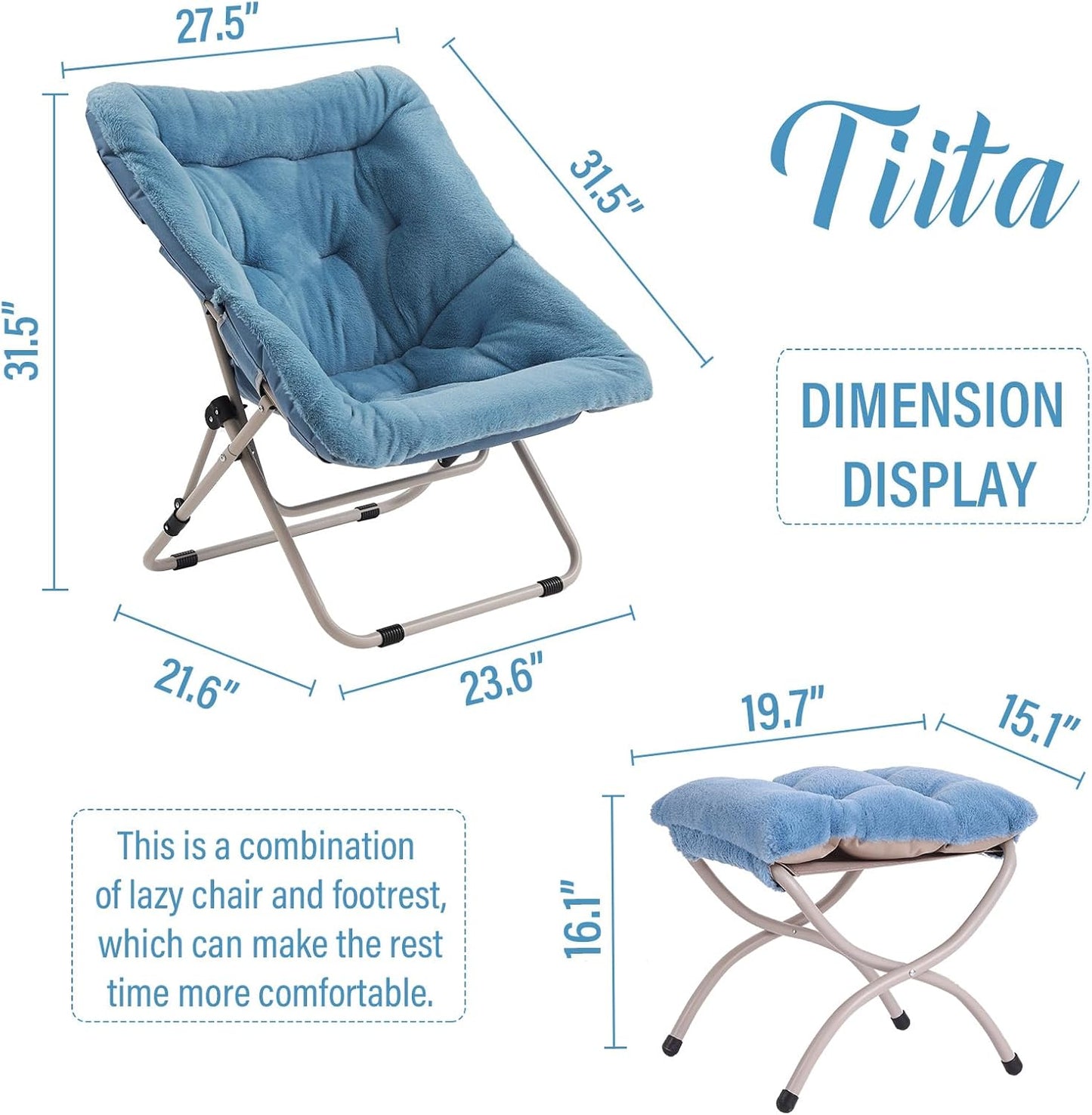 Tiita Folded Chair with Ottoman, Soft Faux Fur Oversized Folding Accent Chair,Lounge Lazy Chair, Metal Frame Moon Chair for Bedroom, Living Room, Dorm Rooms, Garden and Courtyard