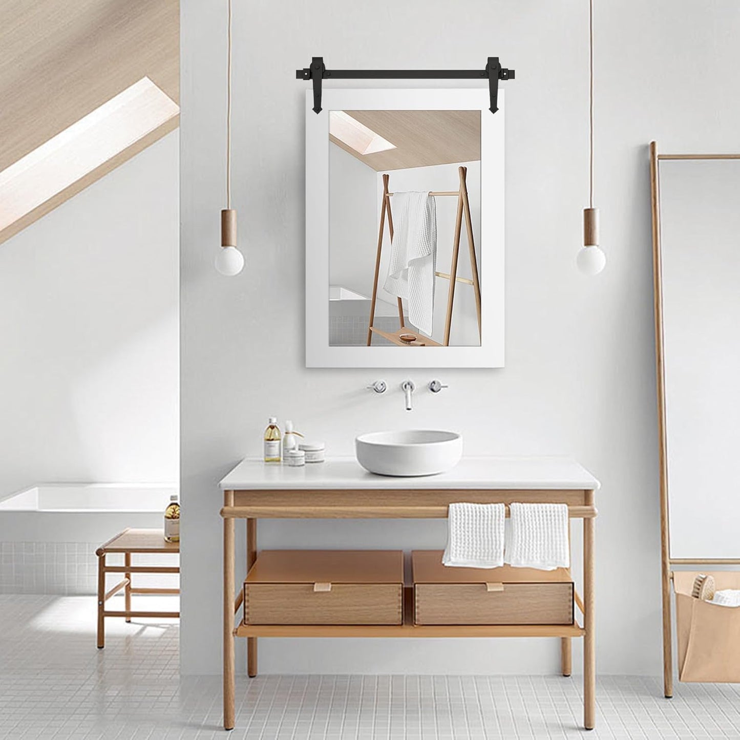 Farmhouse Bathroom Mirror for Over Sink 22”x32” Wood Frame Rustic Barn Door Bathroom Vanity Mirror, Wall Mirror for Bathroom, Living Room, Bedroom, Entryway (Bright White)