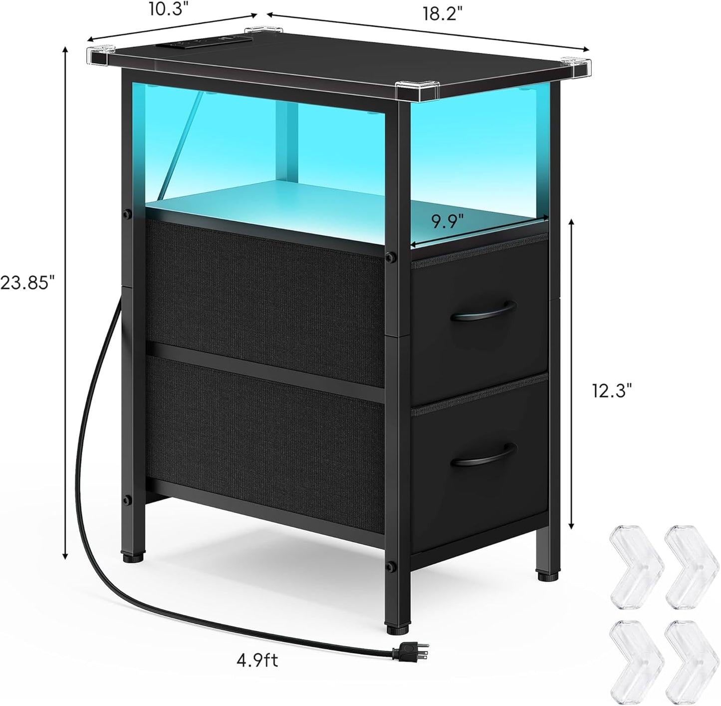 Vagusicc Set of 2 Black Nightstand with Charging Station and LED Lights, Narrow Side Table, LED Night Stand with 2 Fabric Drawers, Bedside Table Small End Table, Tall Nightstand for Bedroom, Black