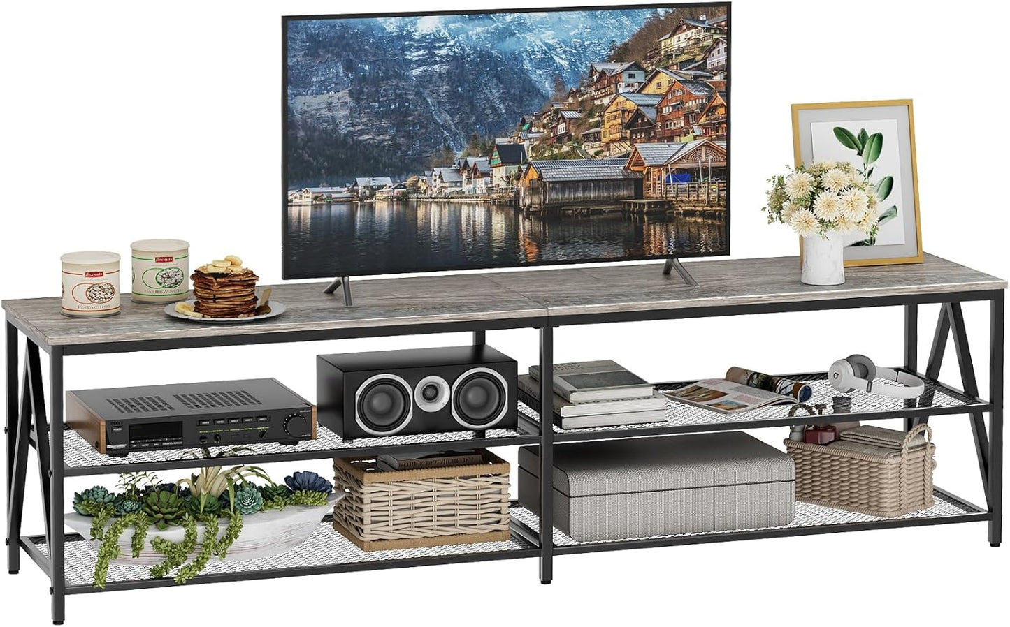 TV Stand for TVs up to 75 Inch, 70" Long Industrial TV Console Table with 3-Tier Storage Shelves, Entertainment Center for Living Room, Bedroom (Gray)