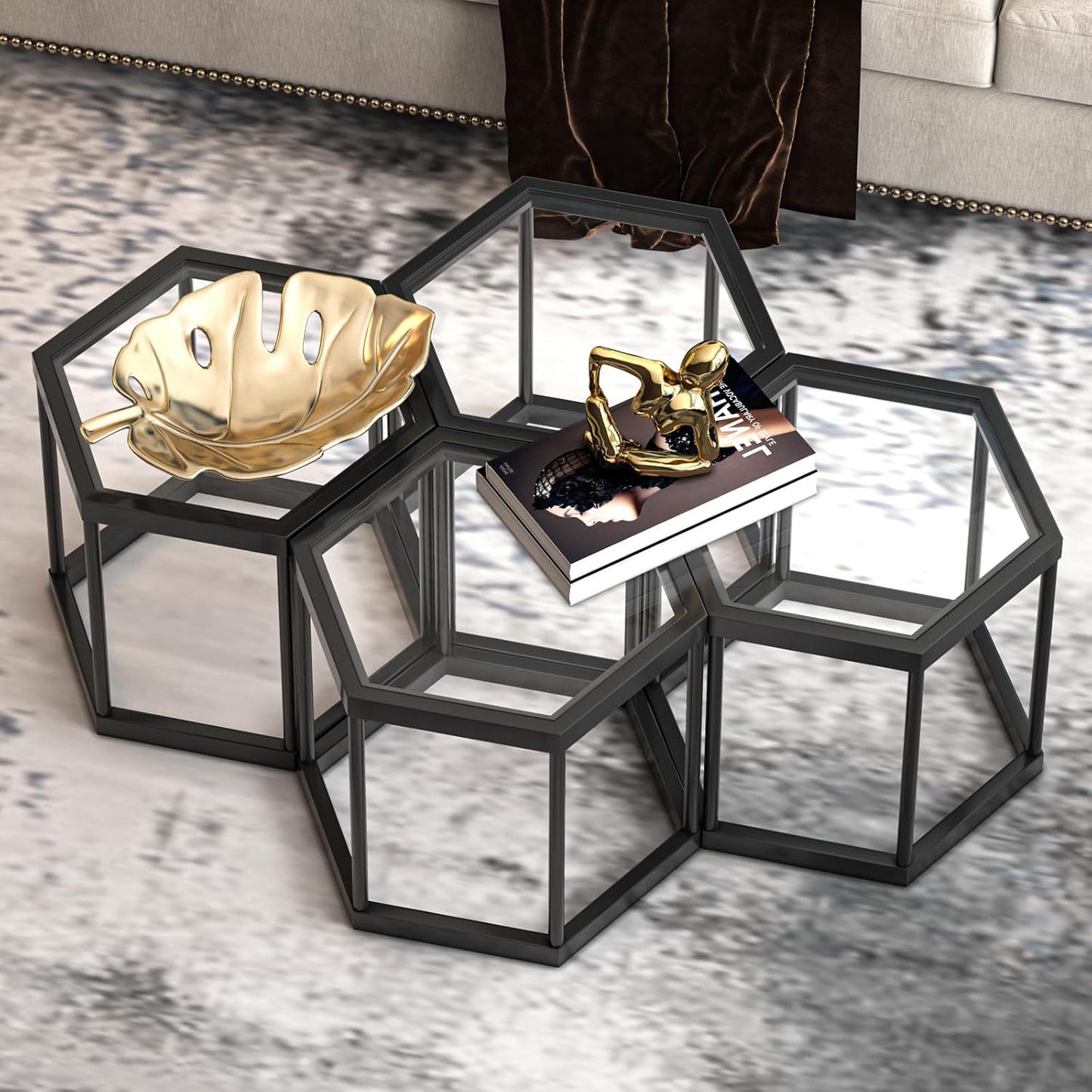 Coffee Table Glass Modern Coffee Table, Hexagon Free Combination Glass Center Table Small End Tables with Metal Frame for Living Room Set of 1