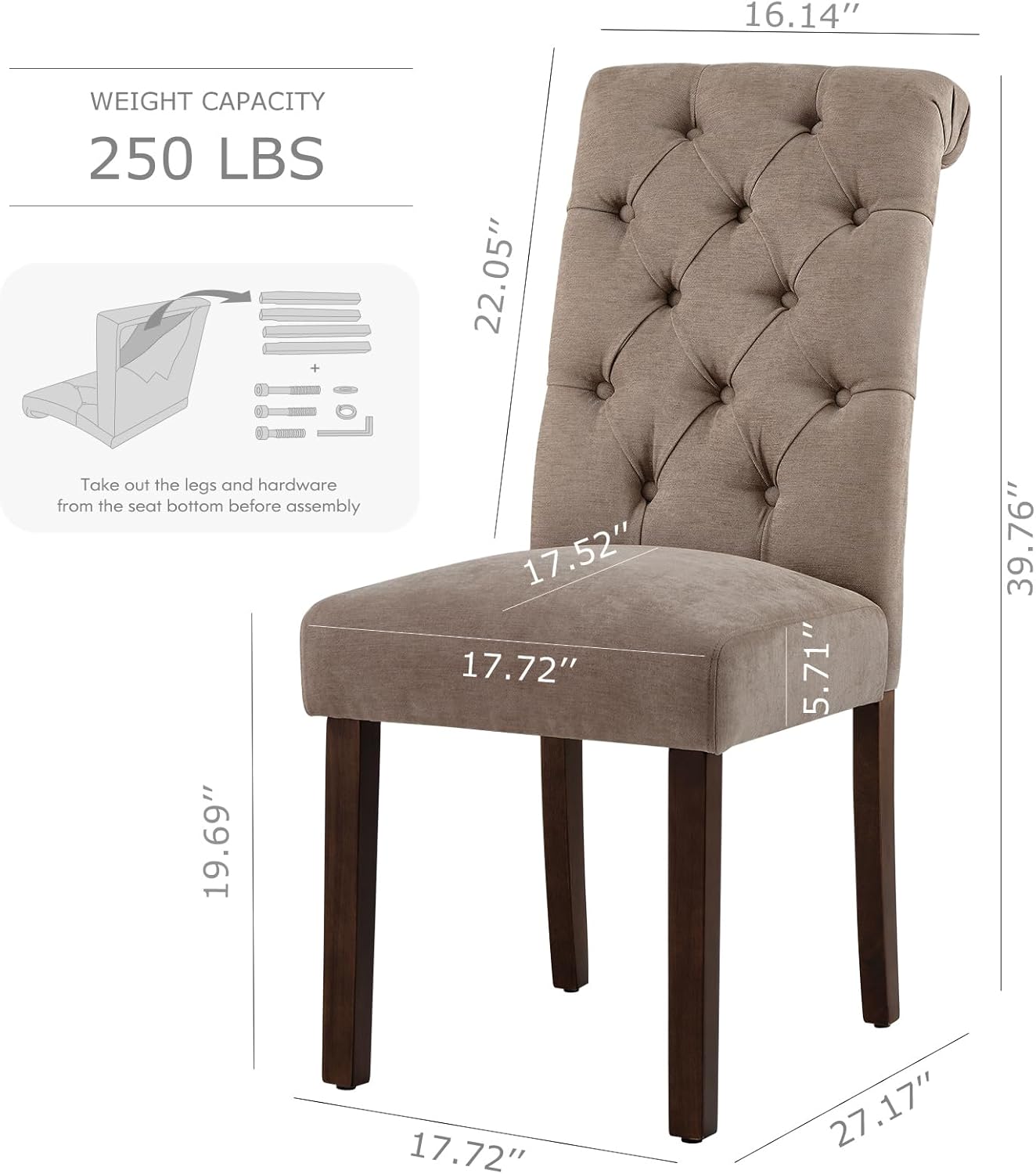 COLAMY Button Tufted Dining Chairs Set of 6, Parsons Upholstered Fabric Dining Room Chairs Kitchen Chairs with Wood Legs and Padded Seat, Taupe